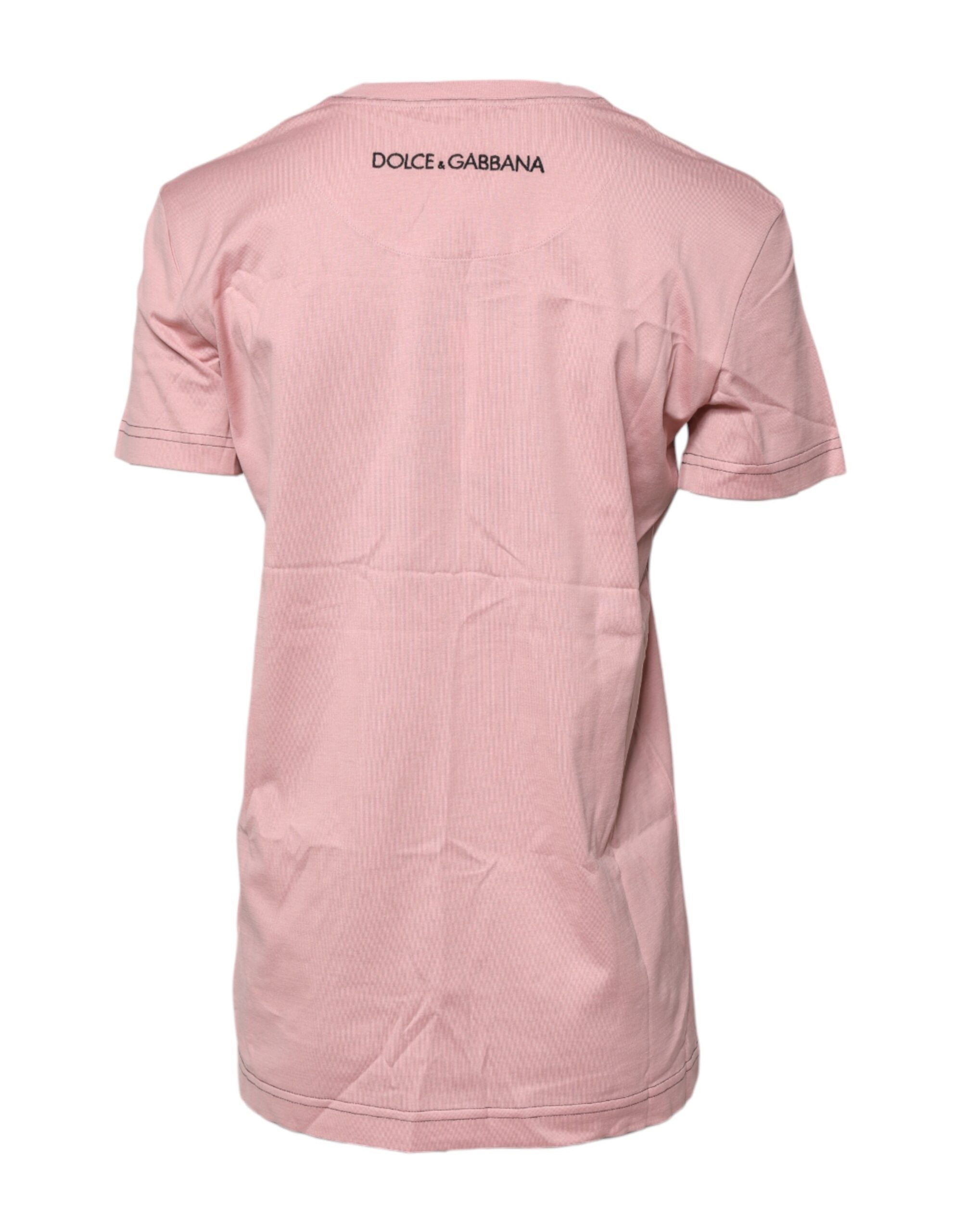 T-shirt en coton rose avec logo imprimé Dolce & Gabbana, col rond et design élégant.
