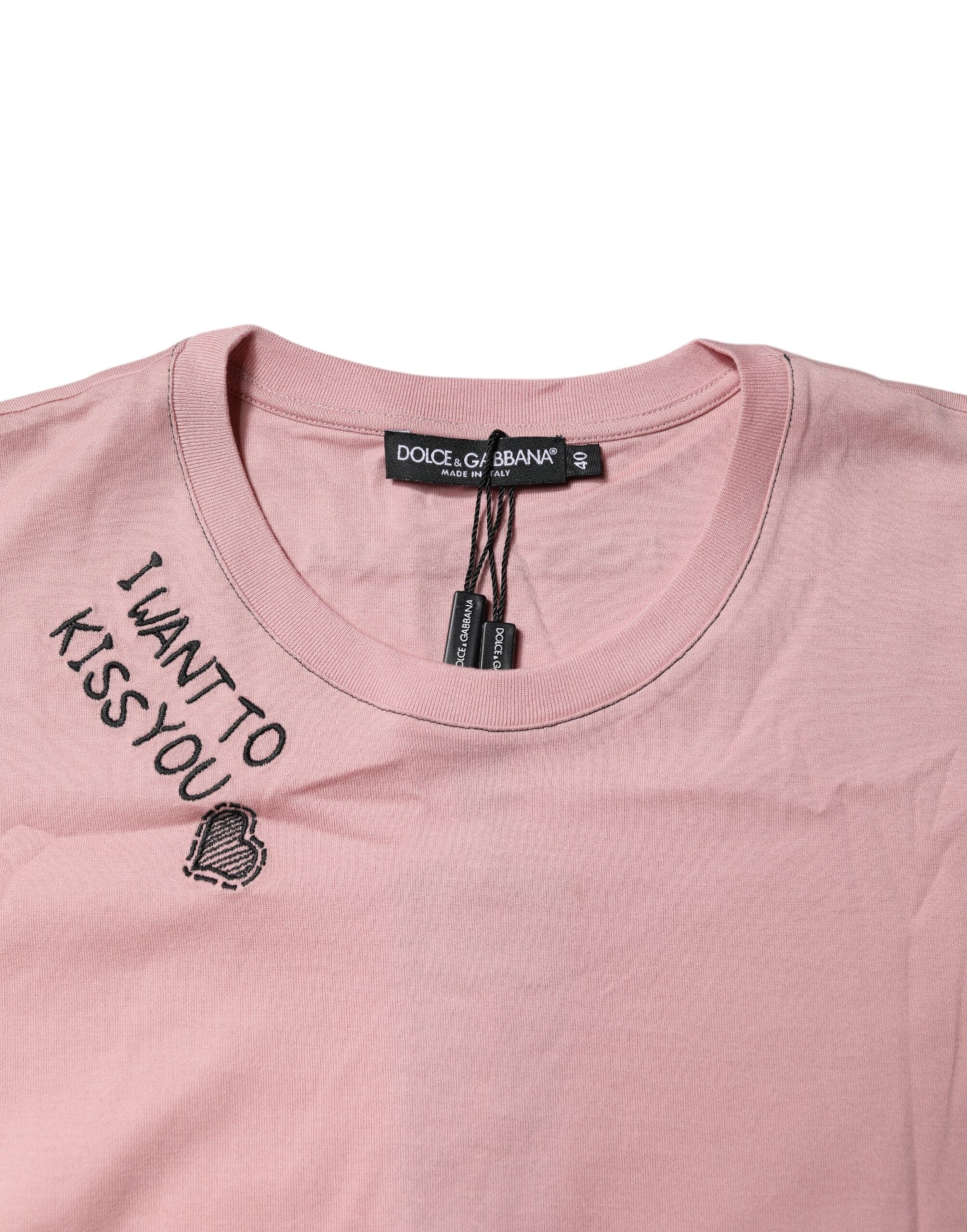 T-shirt en coton rose avec logo imprimé Dolce & Gabbana, col rond, style décontracté et moderne.