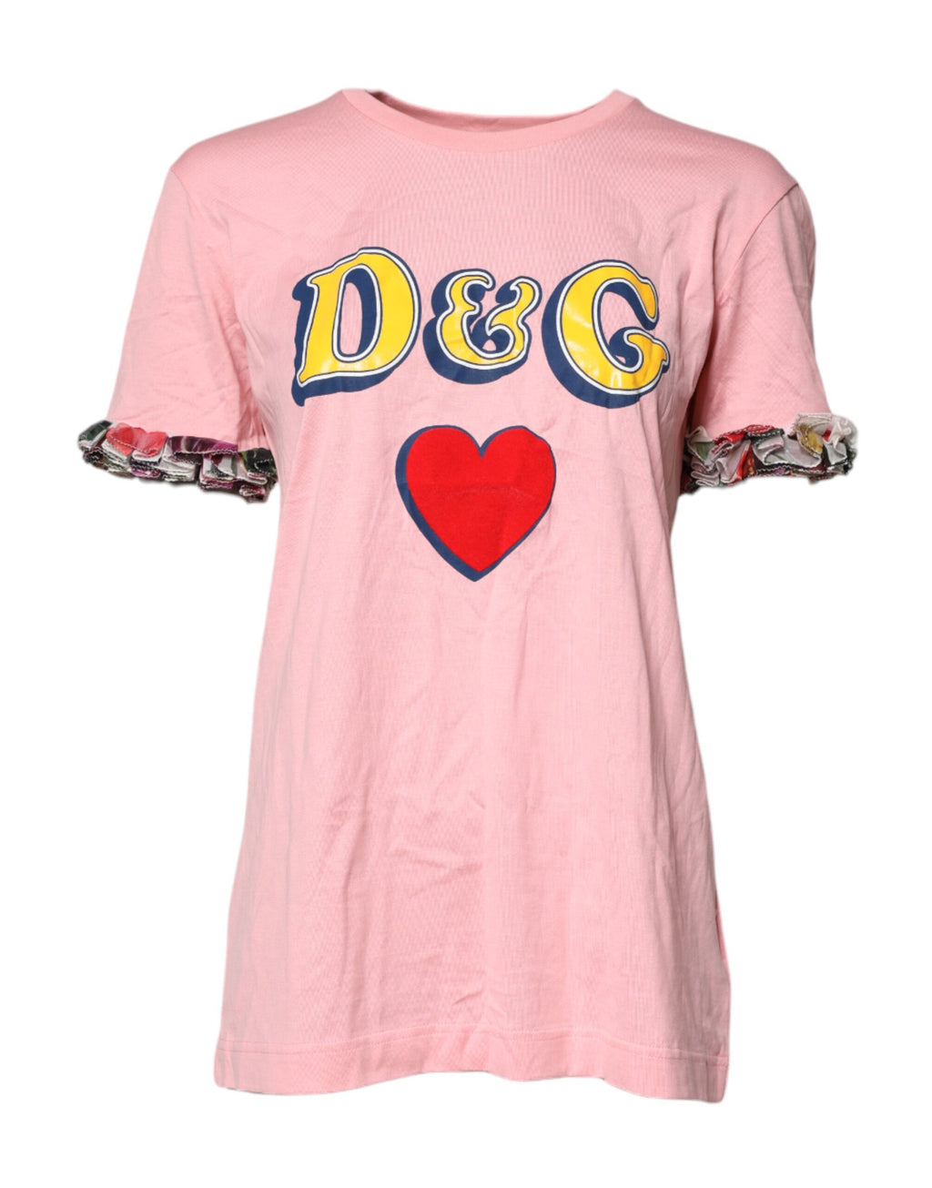 T-shirt blanc en coton Dolce & Gabbana avec logo rose imprimé, col rond, style décontracté et moderne.