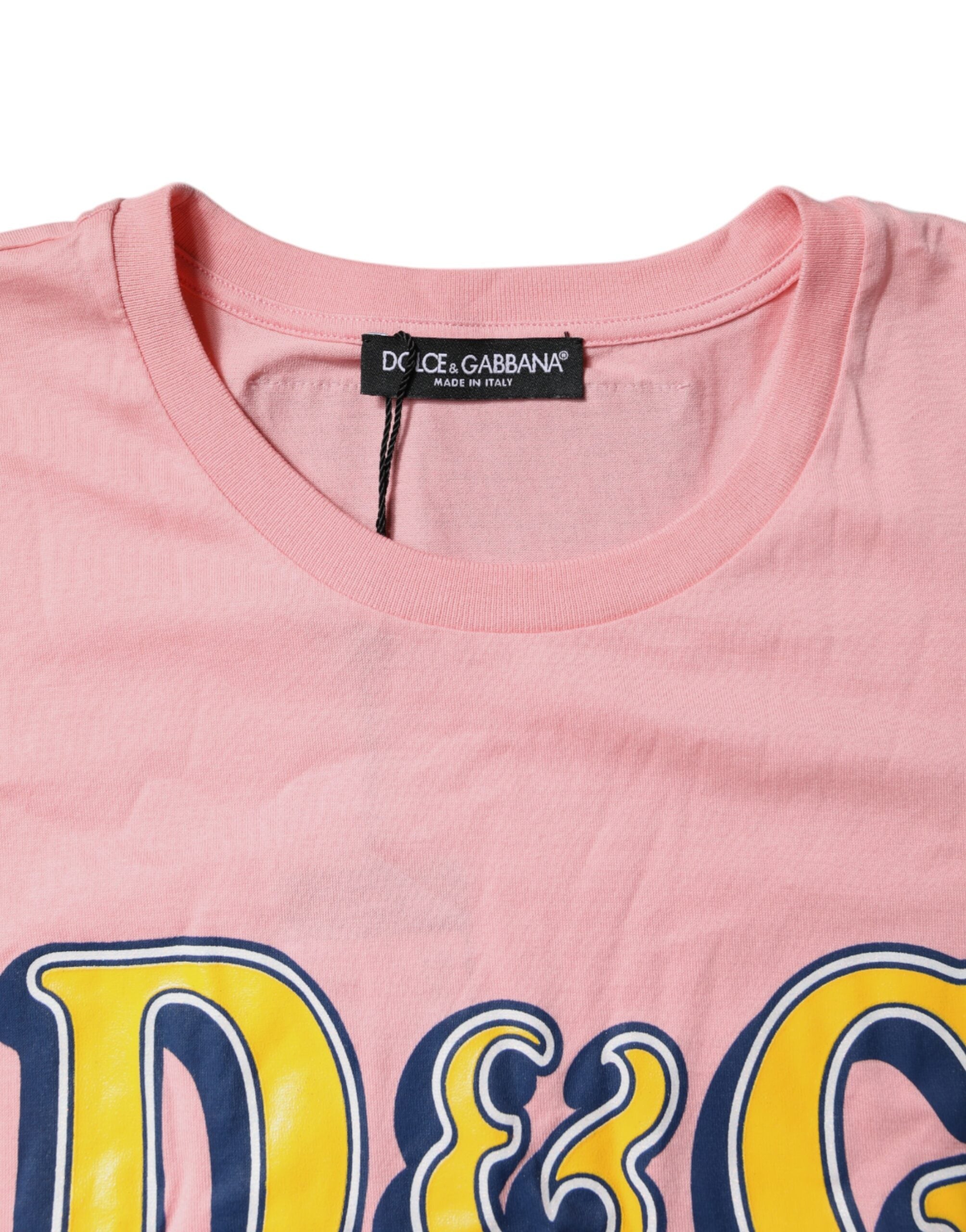 T-shirt en coton rose avec logo imprimé, col ras du cou, Dolce & Gabbana, style décontracté et élégant.