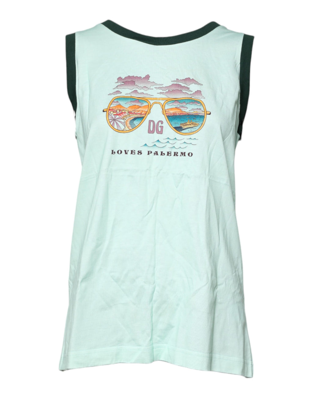 T-shirt sans manches Dolce & Gabbana Light Green avec imprimé graphique coloré, près du cou, en coton.