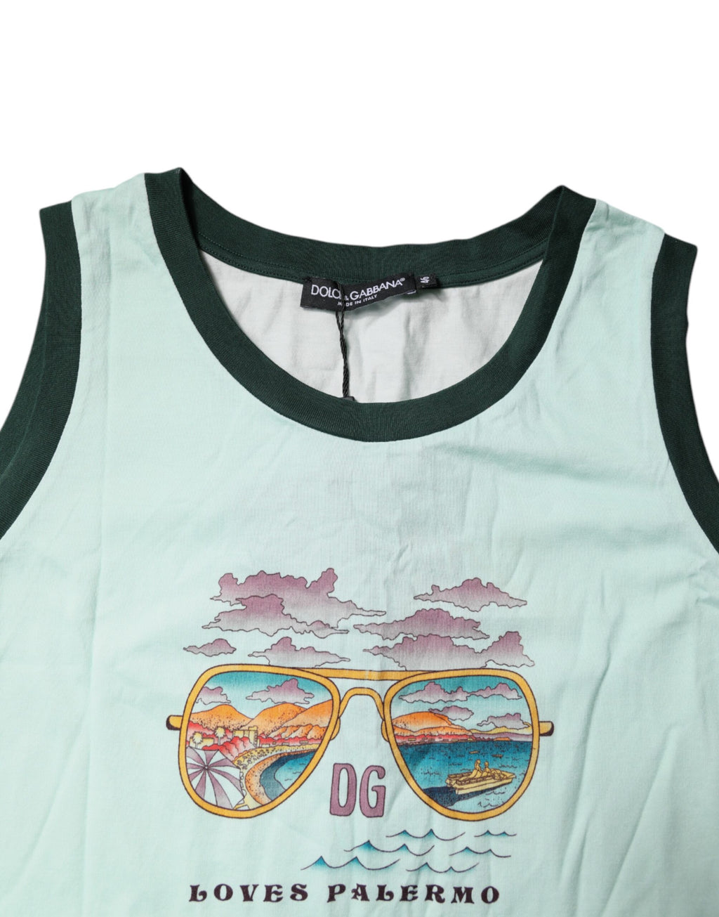 T-shirt sans manches Dolce & Gabbana Light Green avec imprimé graphique, style décontracté et moderne.