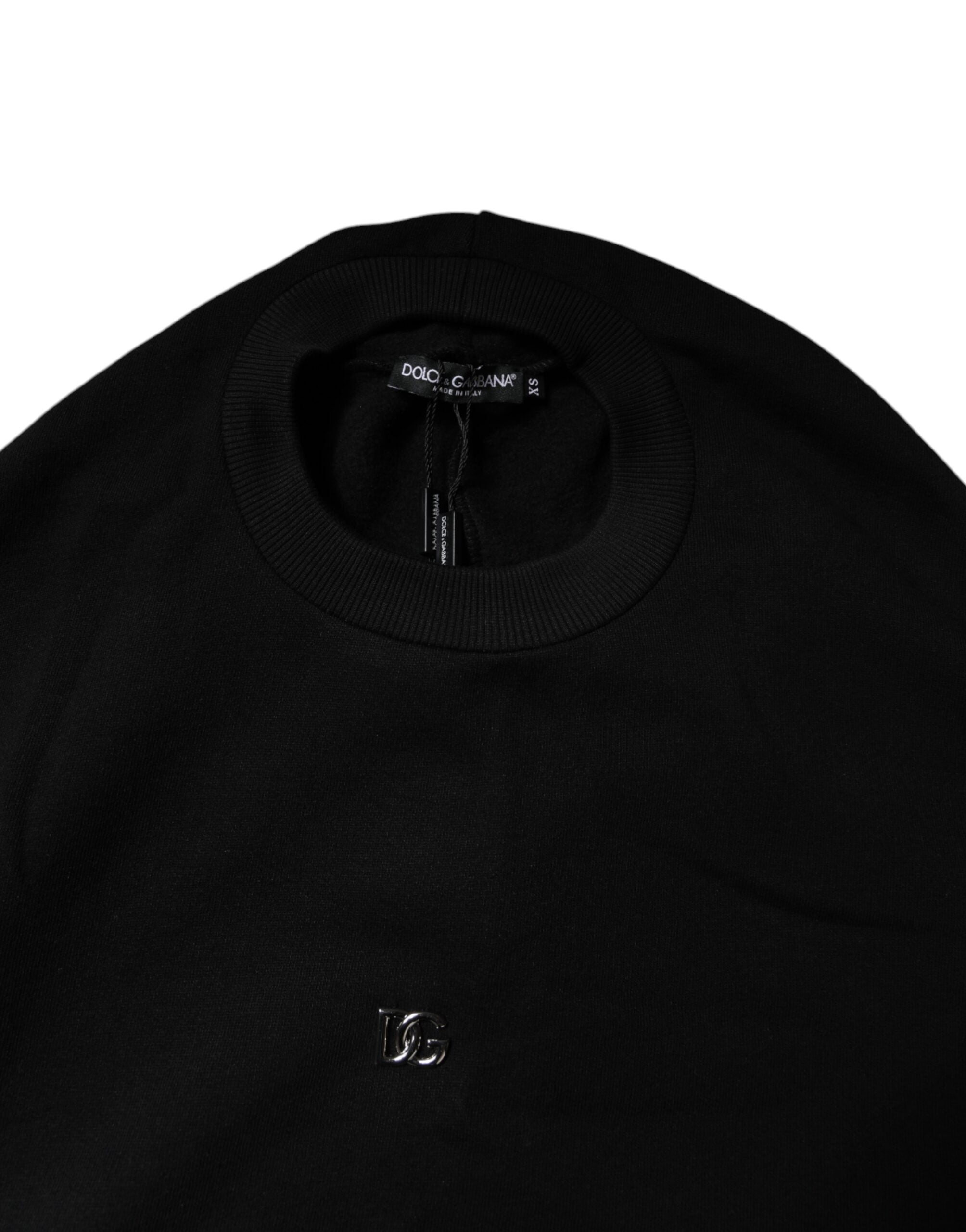Sweatshirt à col rond en coton noir de Dolce & Gabbana, pull décontracté avec logo subtil, vue de face.