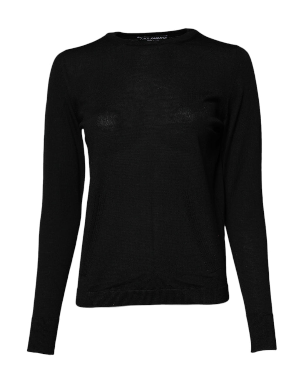 Pull noir en laine Dolce & Gabbana, pull-over à col rond, texture tricotée, porté sur un mannequin.