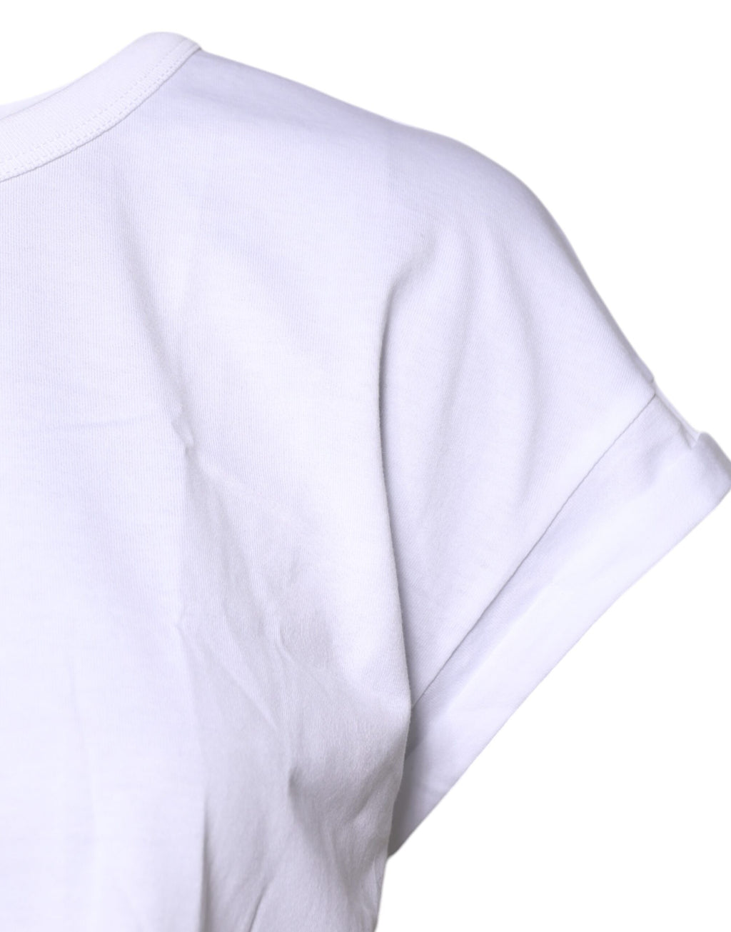 T-shirt cropped blanc en coton avec col ras du cou de Dolce & Gabbana, vue en gros plan sur le tissu et la coupe.