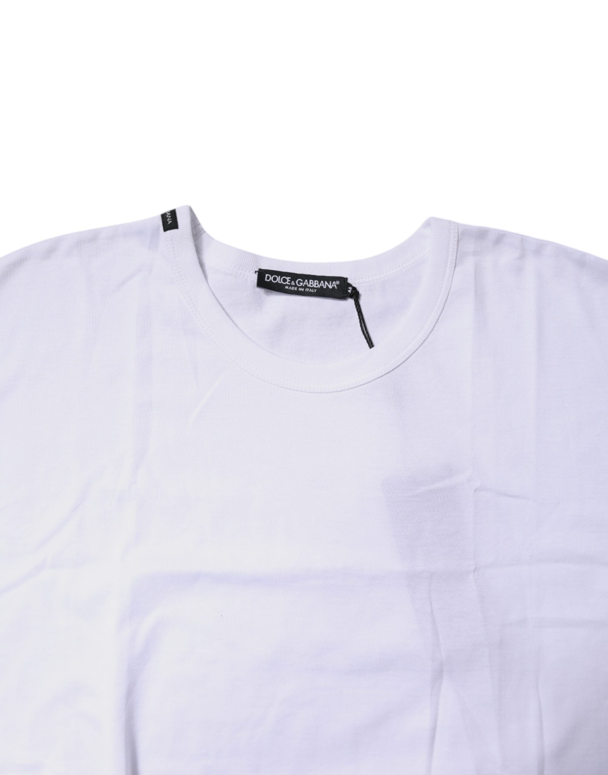 T-shirt cropped à col rond en coton blanc de Dolce & Gabbana, vue de face, détails du tissu et coupe moderne.