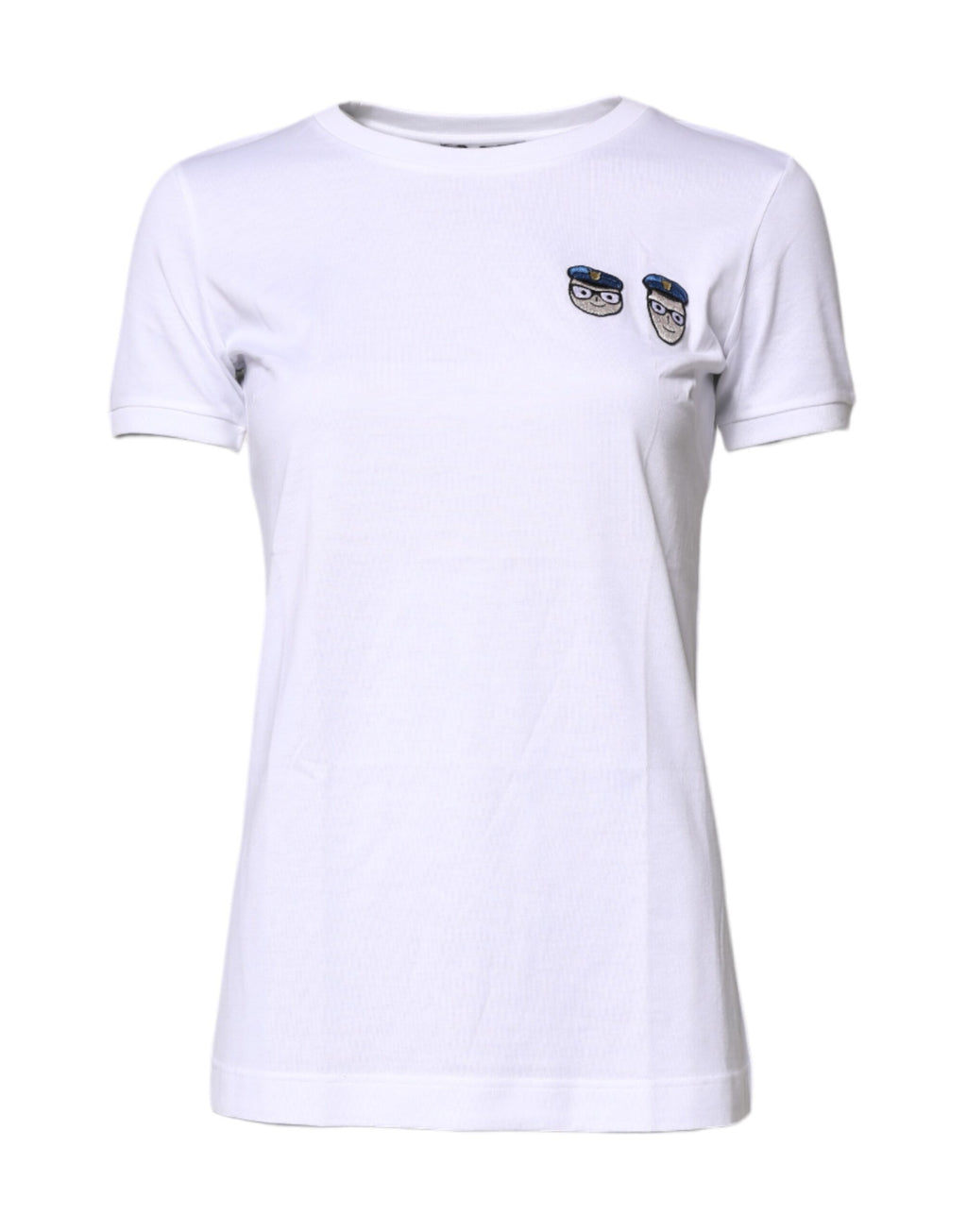 T-shirt blanc Dolce & Gabbana en coton avec col rond, logo #DGFamily visible, porté sur mannequin.