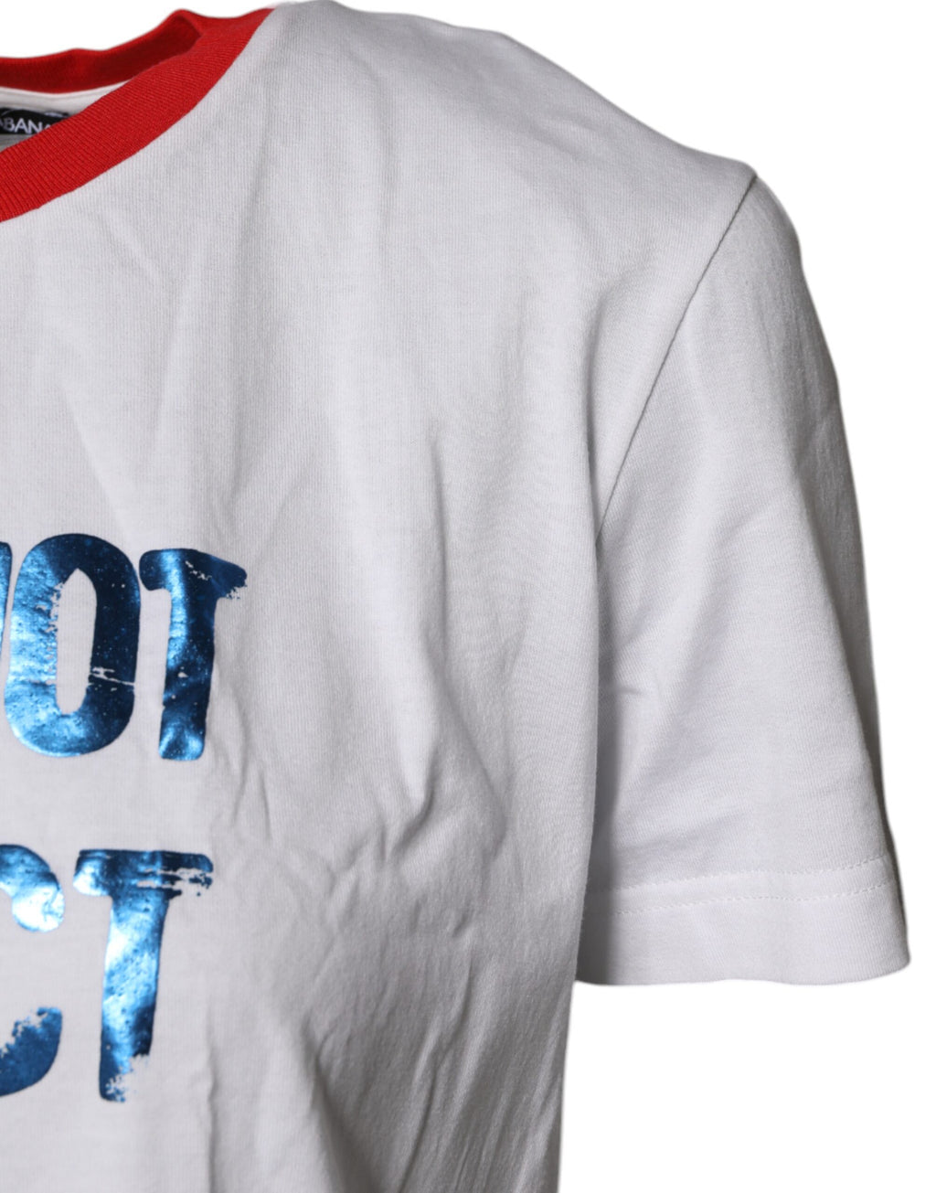 T-shirt blanc en coton Dolce & Gabbana avec imprimé graphique, col rond et style décontracté, visible sur l'image.