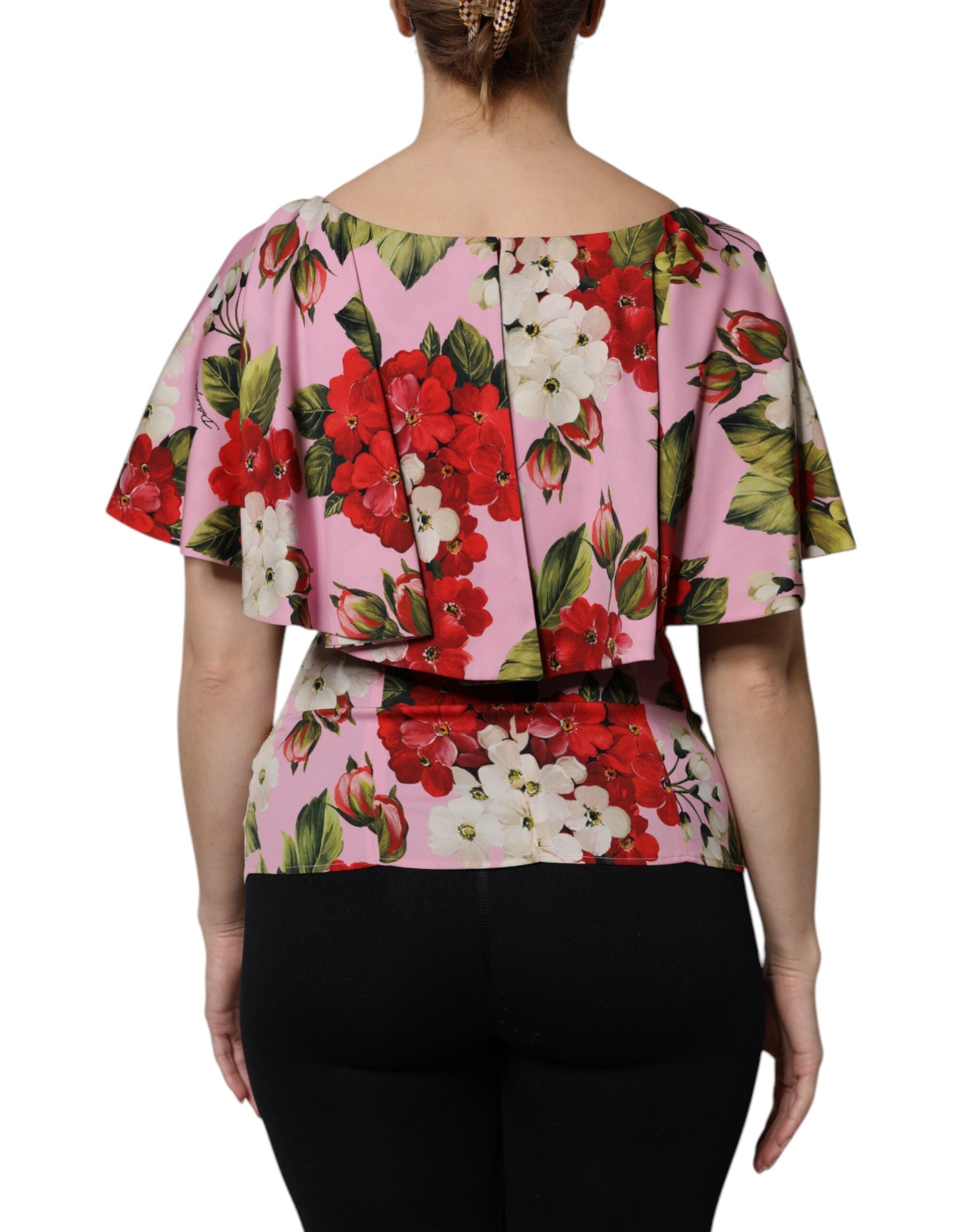Blouse Dolce & Gabbana en soie rose avec motifs floraux à manches courtes, élégante et légère pour femme.