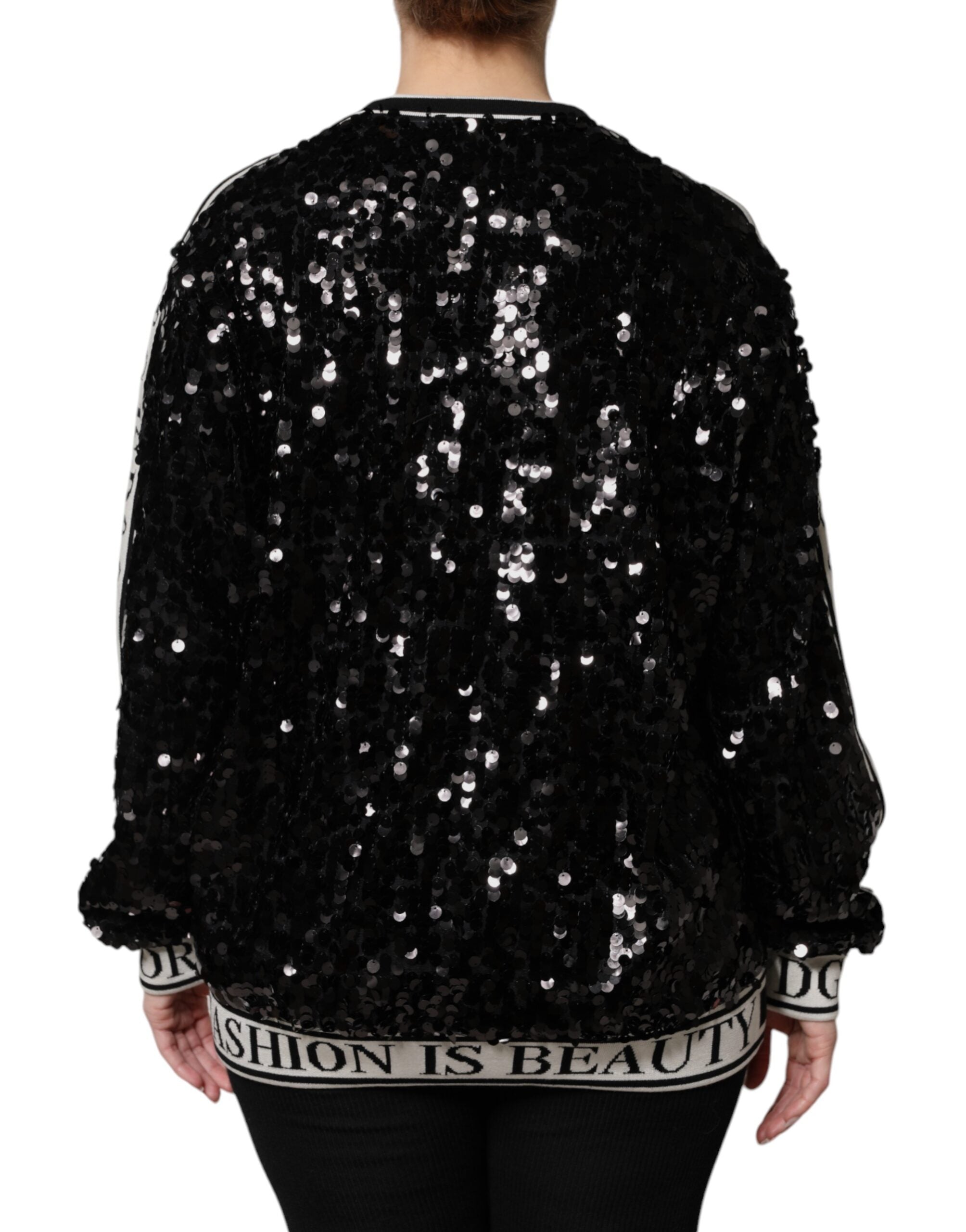 Pull en maille Dolce & Gabbana noir avec sequins DG Queen, détails brillants et style élégant.