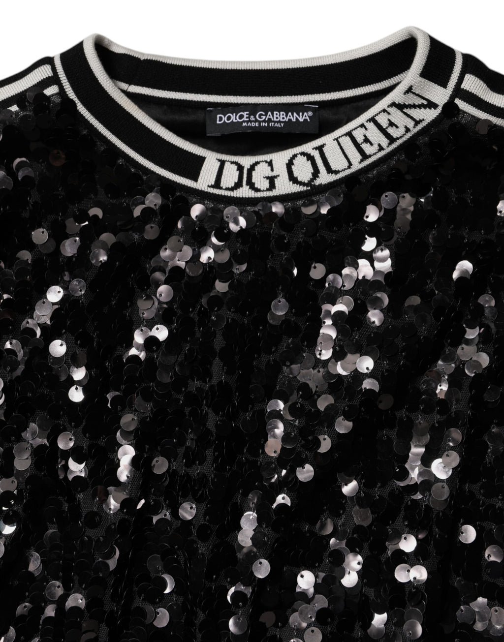 Pull en sequins noir Dolce & Gabbana DG Queen, pull-over élégant avec détails brillants et coupe moderne.