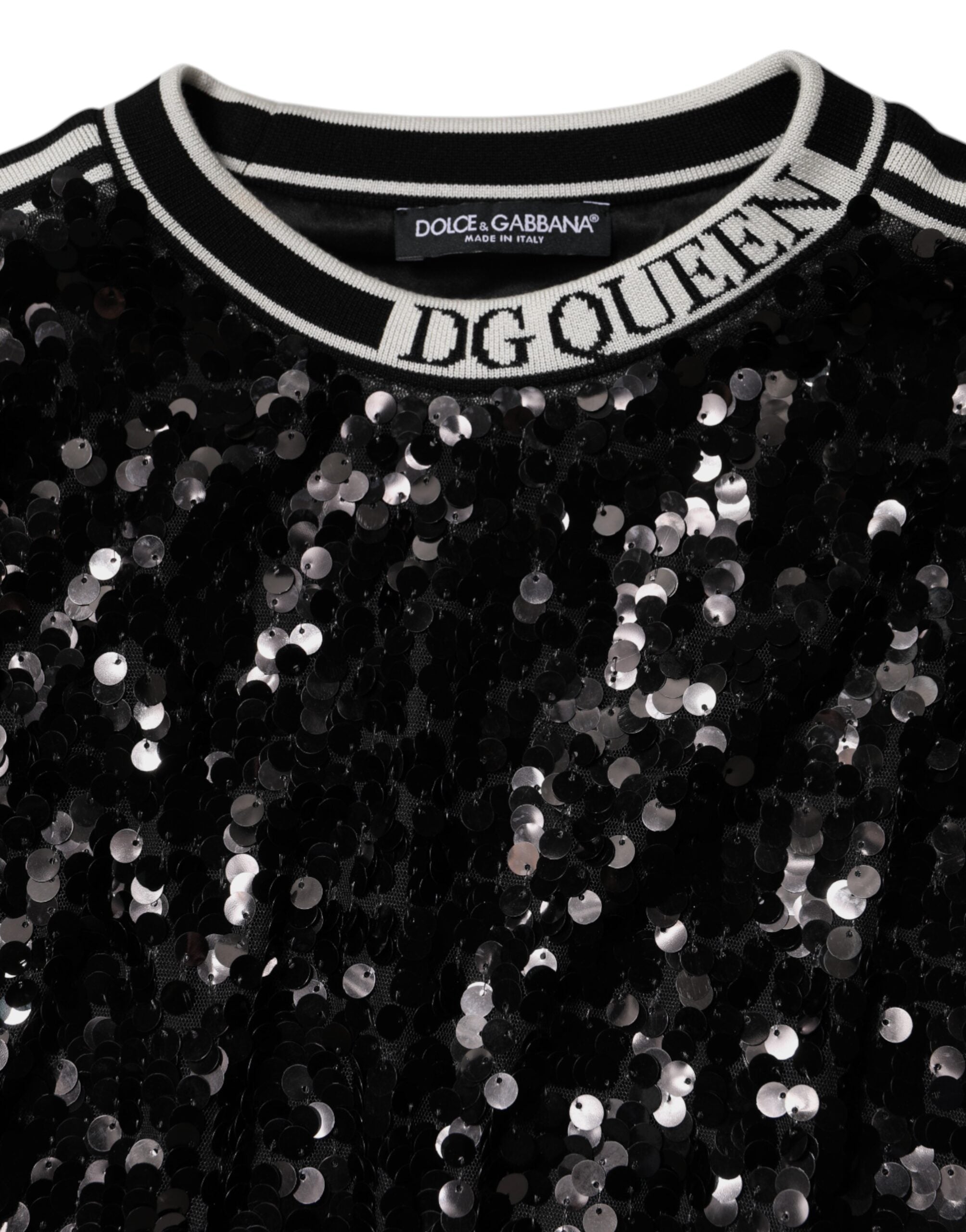 Pull en sequins noir Dolce & Gabbana DG Queen, pull-over élégant avec détails brillants et coupe moderne.