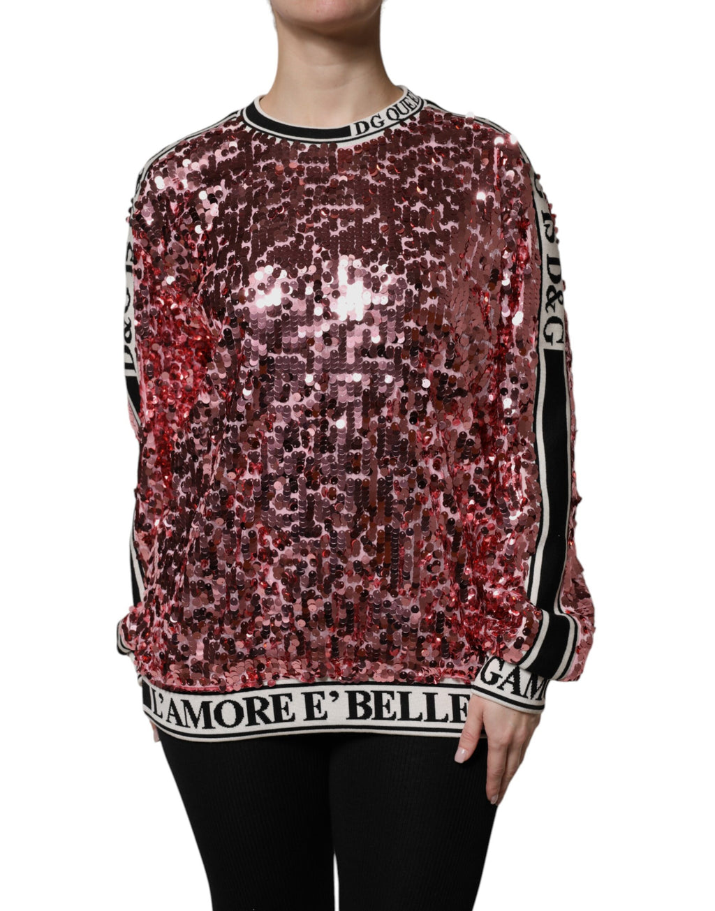 Pull en maille Dolce & Gabbana DG Queen Rose à sequins rose, style élégant et sophistiqué.