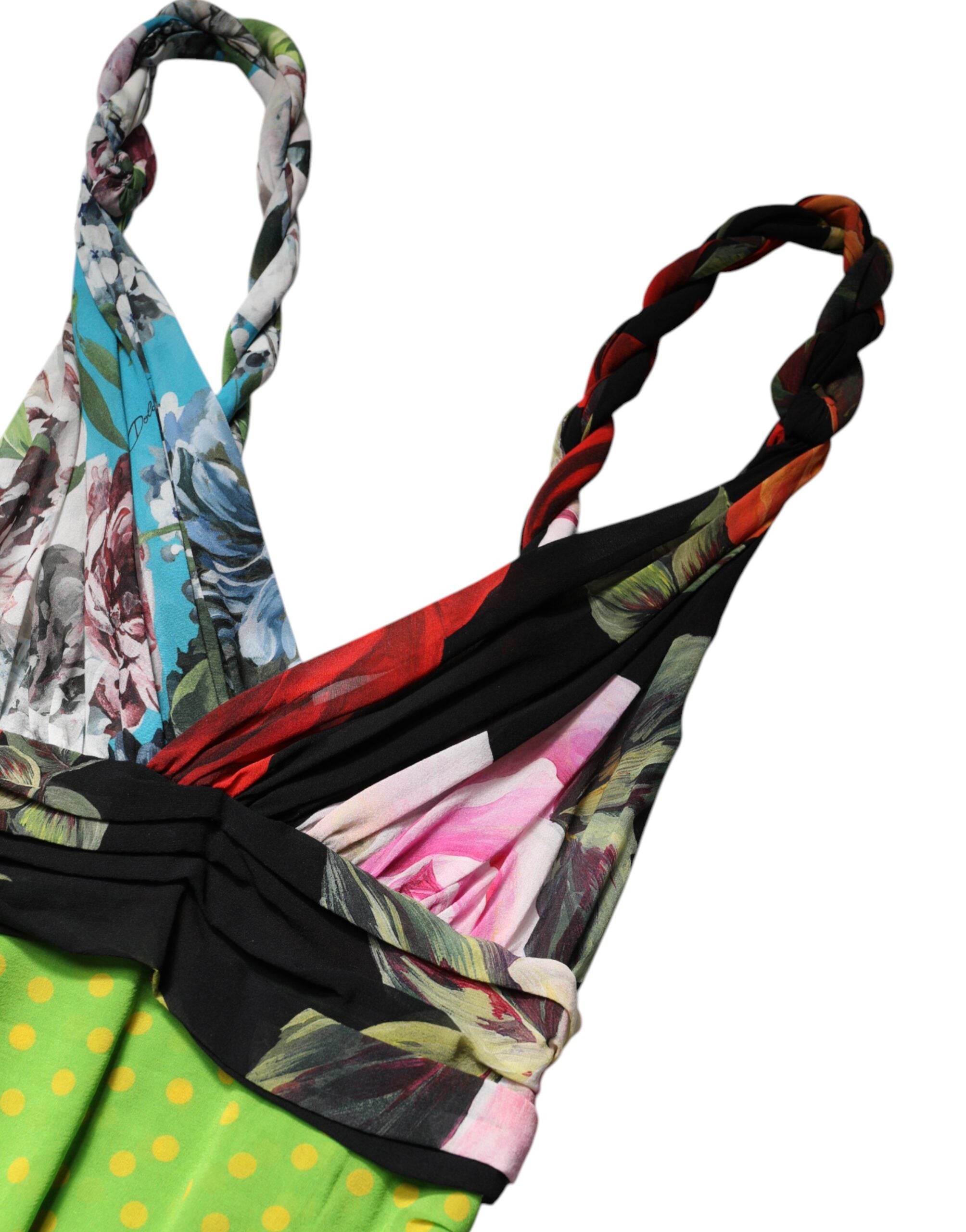 Robe courte ajustée Dolce & Gabbana à patchwork floral multicolore, avec design féminin et détails colorés.