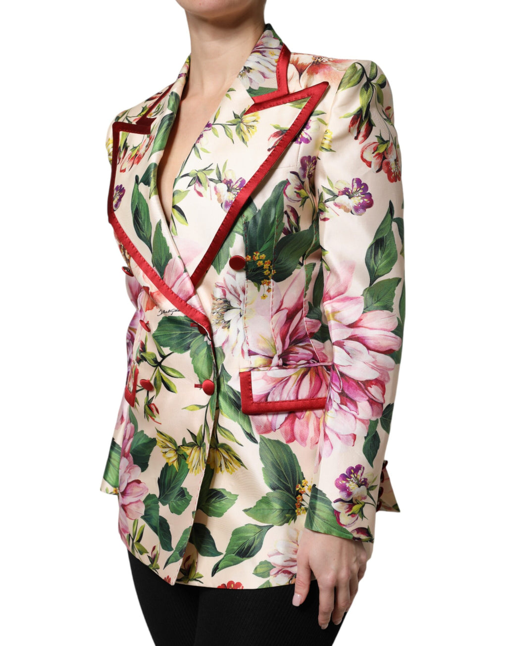 Veste à double boutonnage Dolce & Gabbana à fleurs multicolores, motif floral élégant, en tissu de qualité.