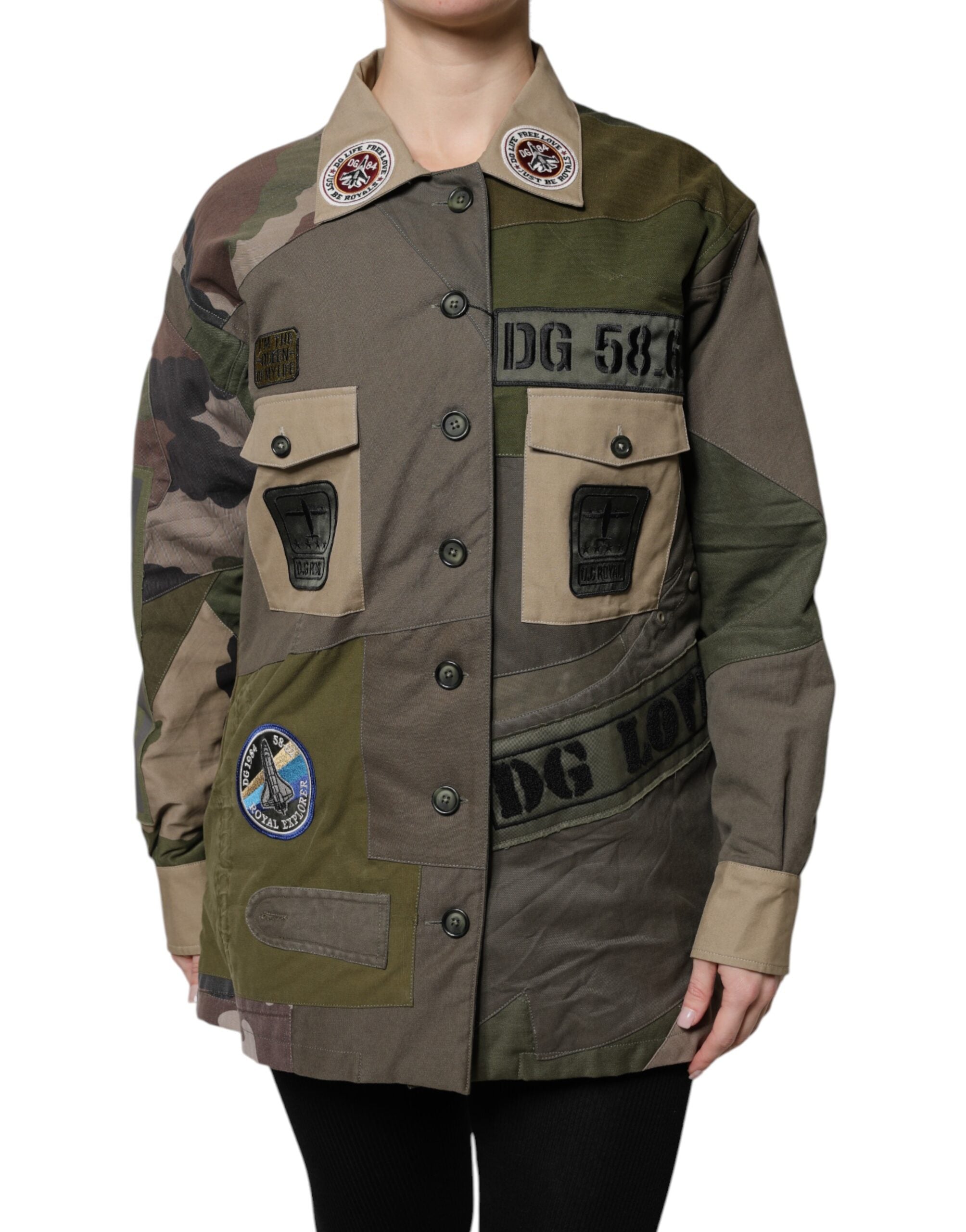 Veste militaire en coton vert olive de Dolce & Gabbana avec boutons, style élégant et décontracté pour homme.