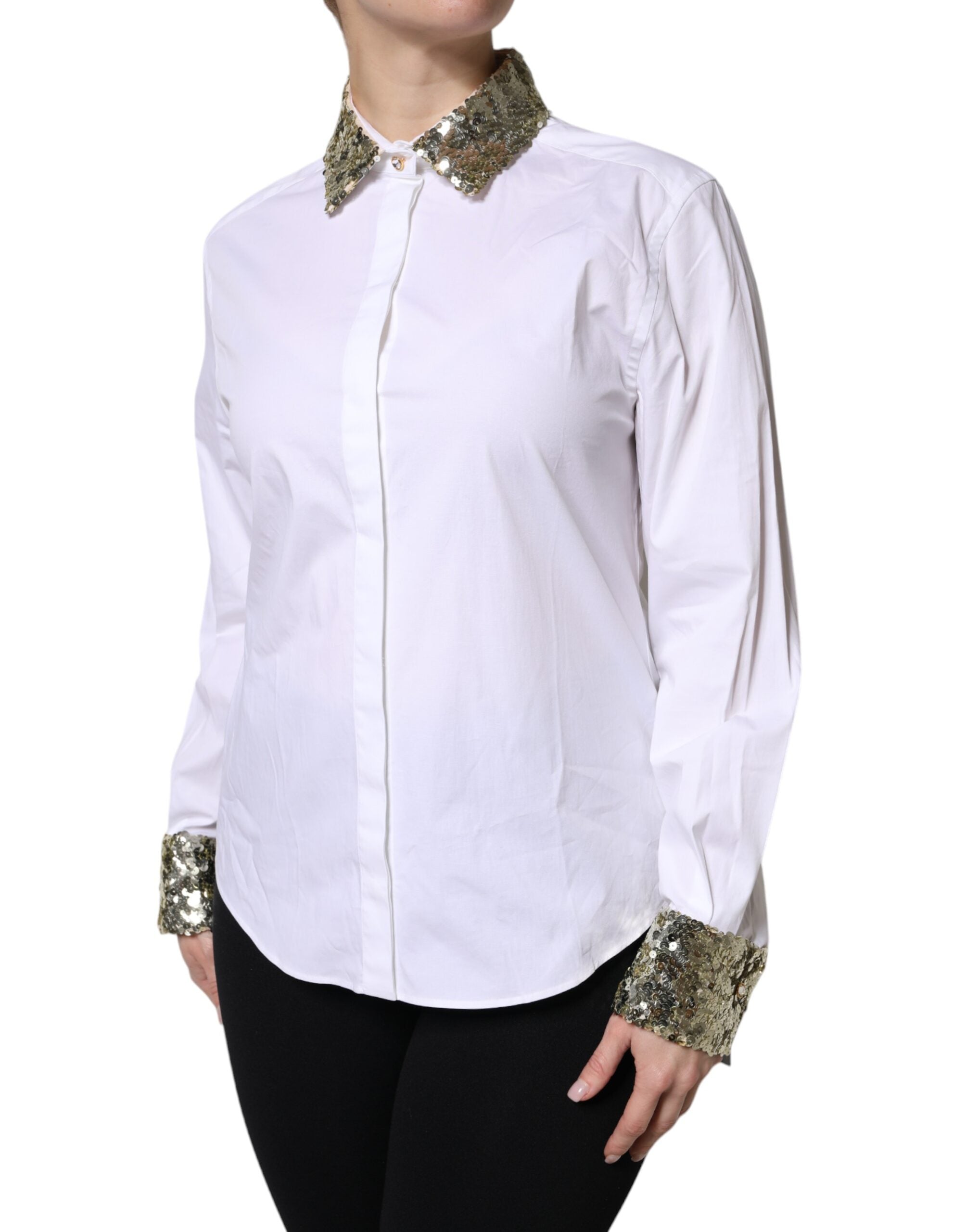 Chemise blanche en coton Dolce & Gabbana à manches longues avec sequins, élégante et sophistiquée.