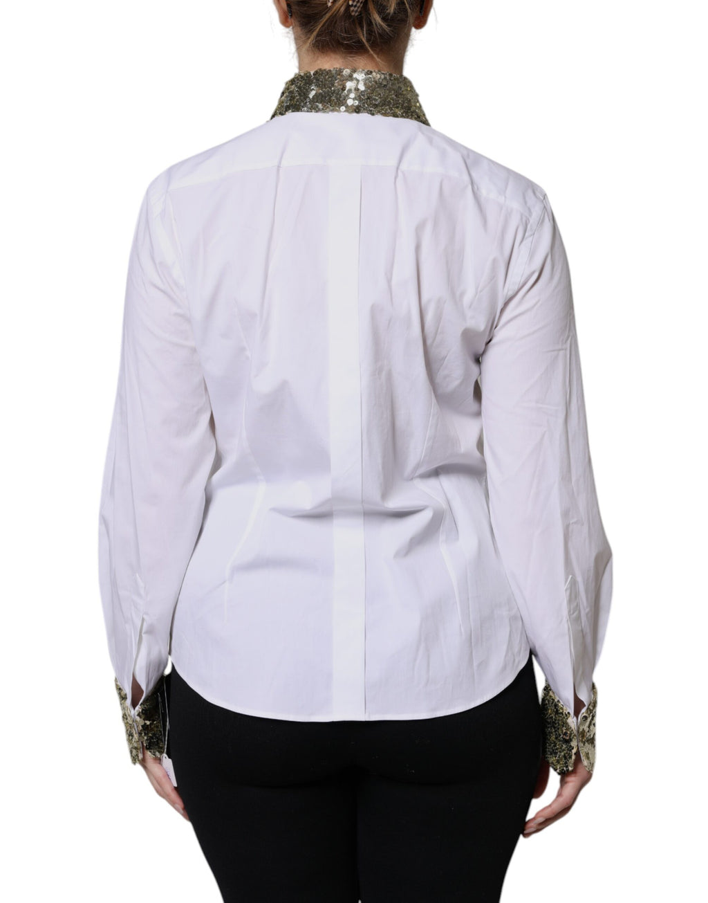 Chemise blanche Dolce & Gabbana en coton à manches longues avec sequins, élégante et tendance.