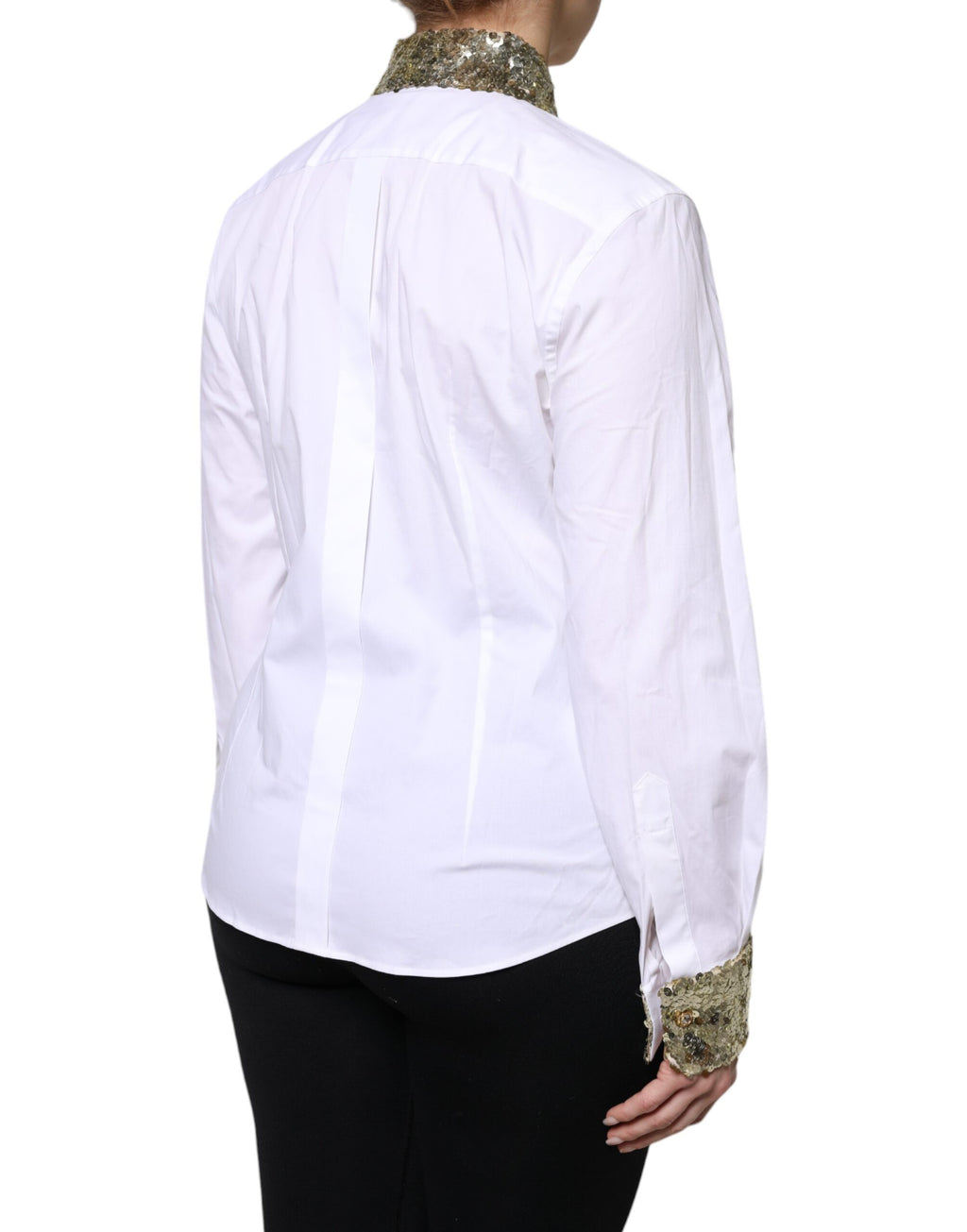 Chemise blanche en coton à sequins Dolce & Gabbana avec manches longues, élégante et sophistiquée.