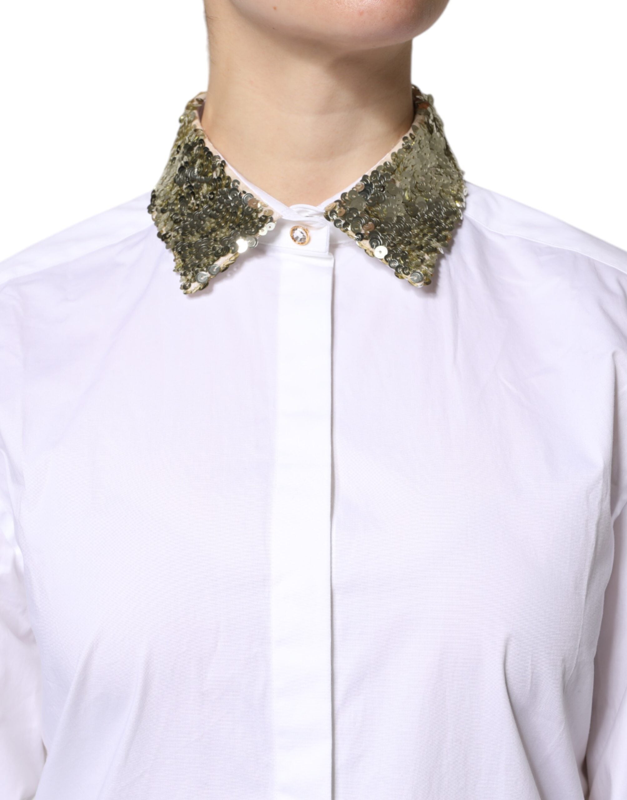 Chemise blanche en coton à manches longues Dolce & Gabbana avec sequins, élégante et sophistiquée.