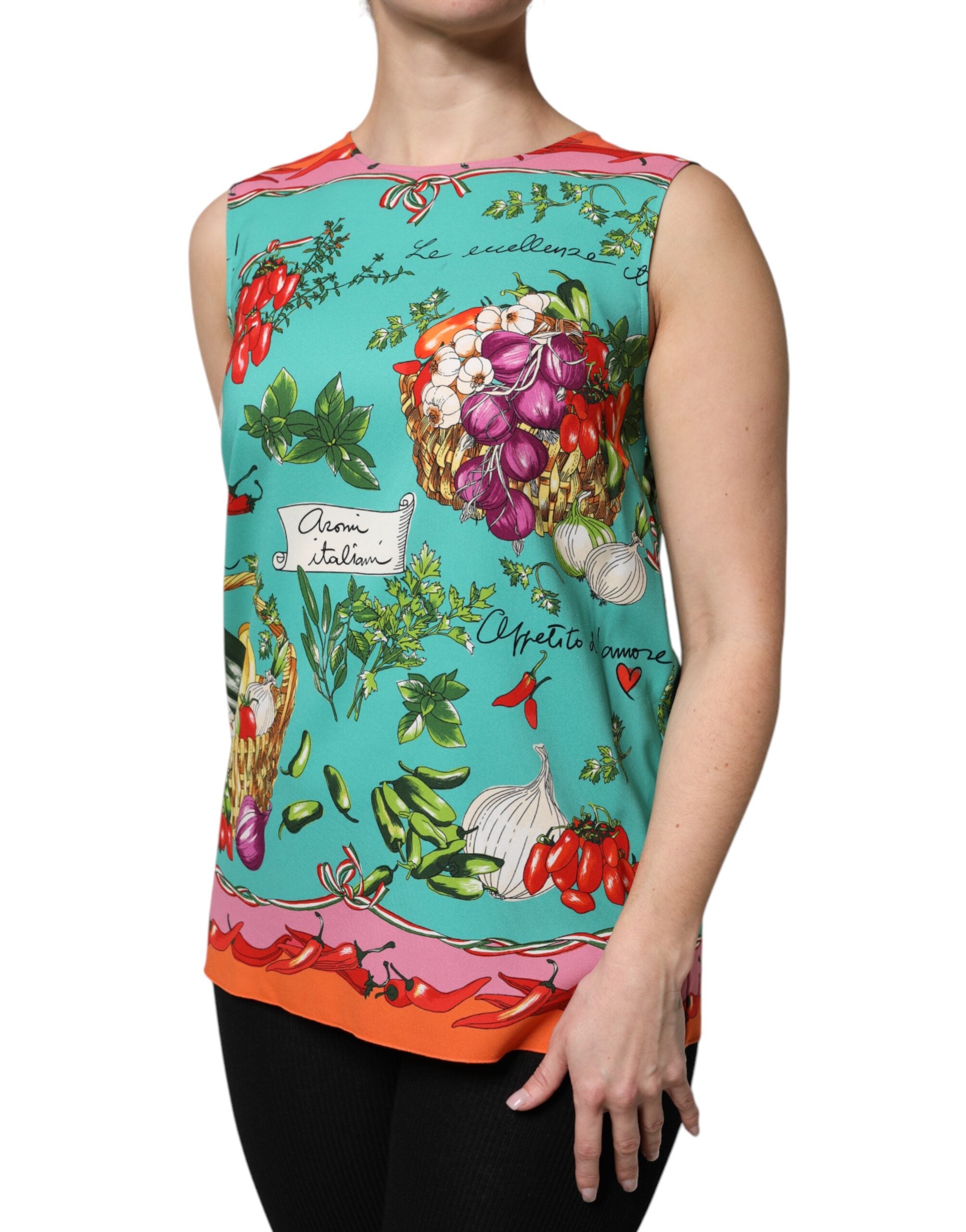 Débardeur en soie multicolore à fleurs de Dolce & Gabbana, sans manches, élégant et coloré.