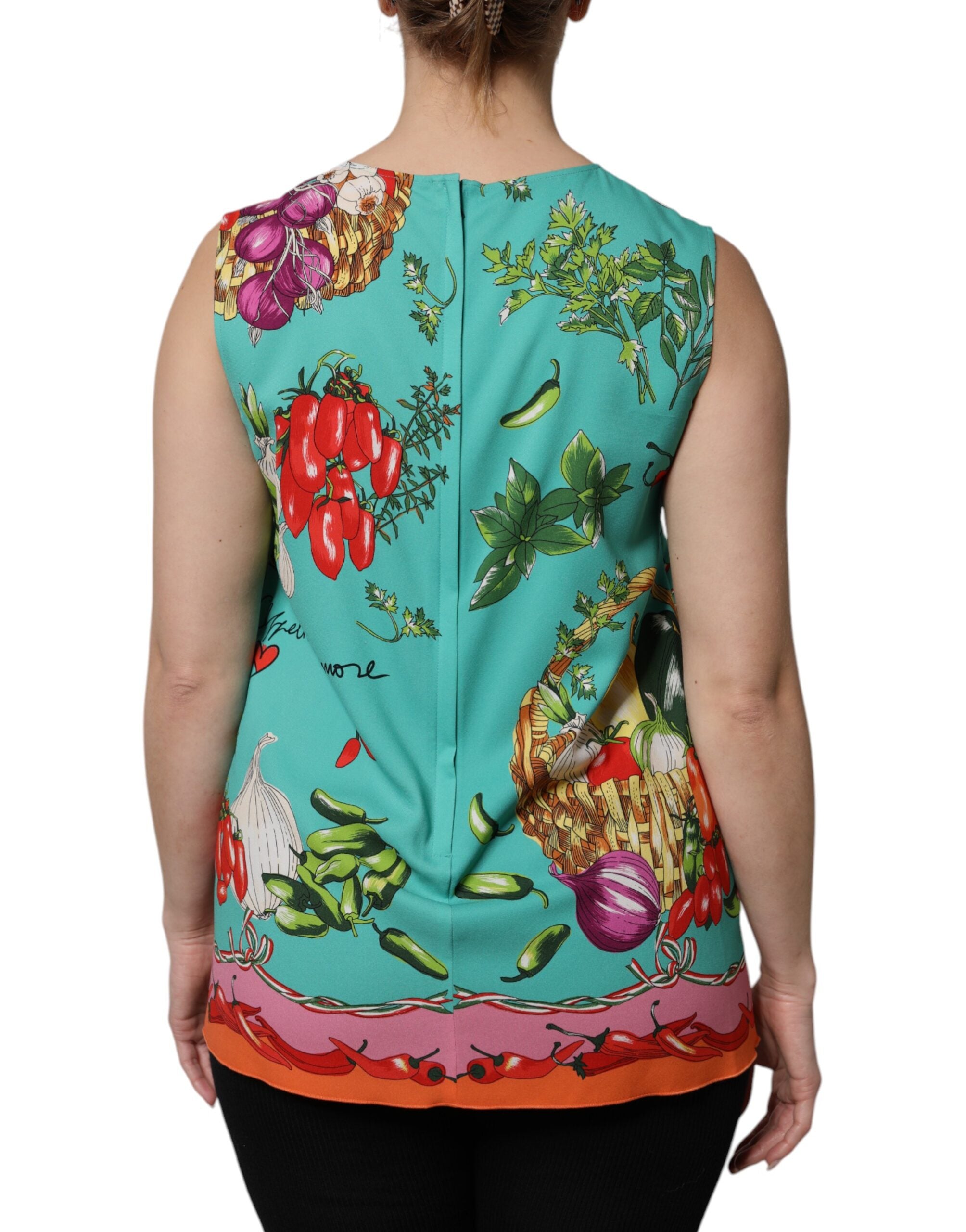 Débardeur sans manches en soie multicolore à fleurs de Dolce & Gabbana, détails floraux colorés et tissu élégant.