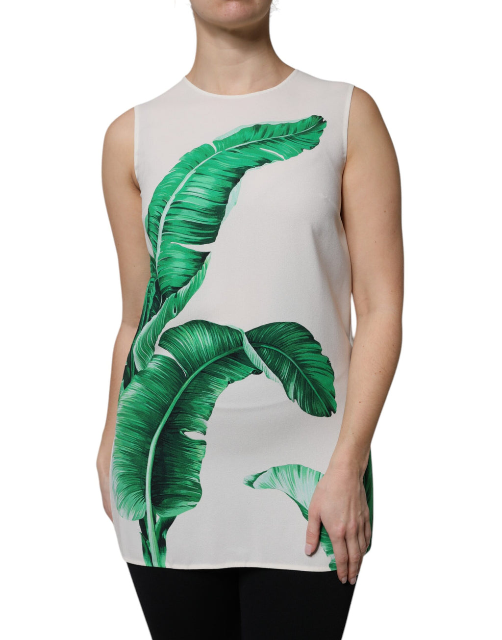 Débardeur blanc Dolce & Gabbana avec imprimé de feuilles de bananier, col rond et style élégant.