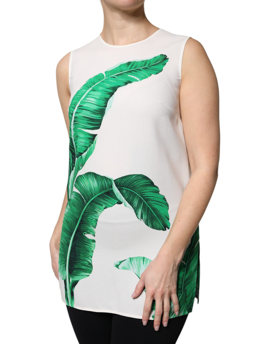 Débardeur blanc Dolce & Gabbana avec motif feuilles de bananier en rondeur, en coton léger pour un look chic et décontracté.
