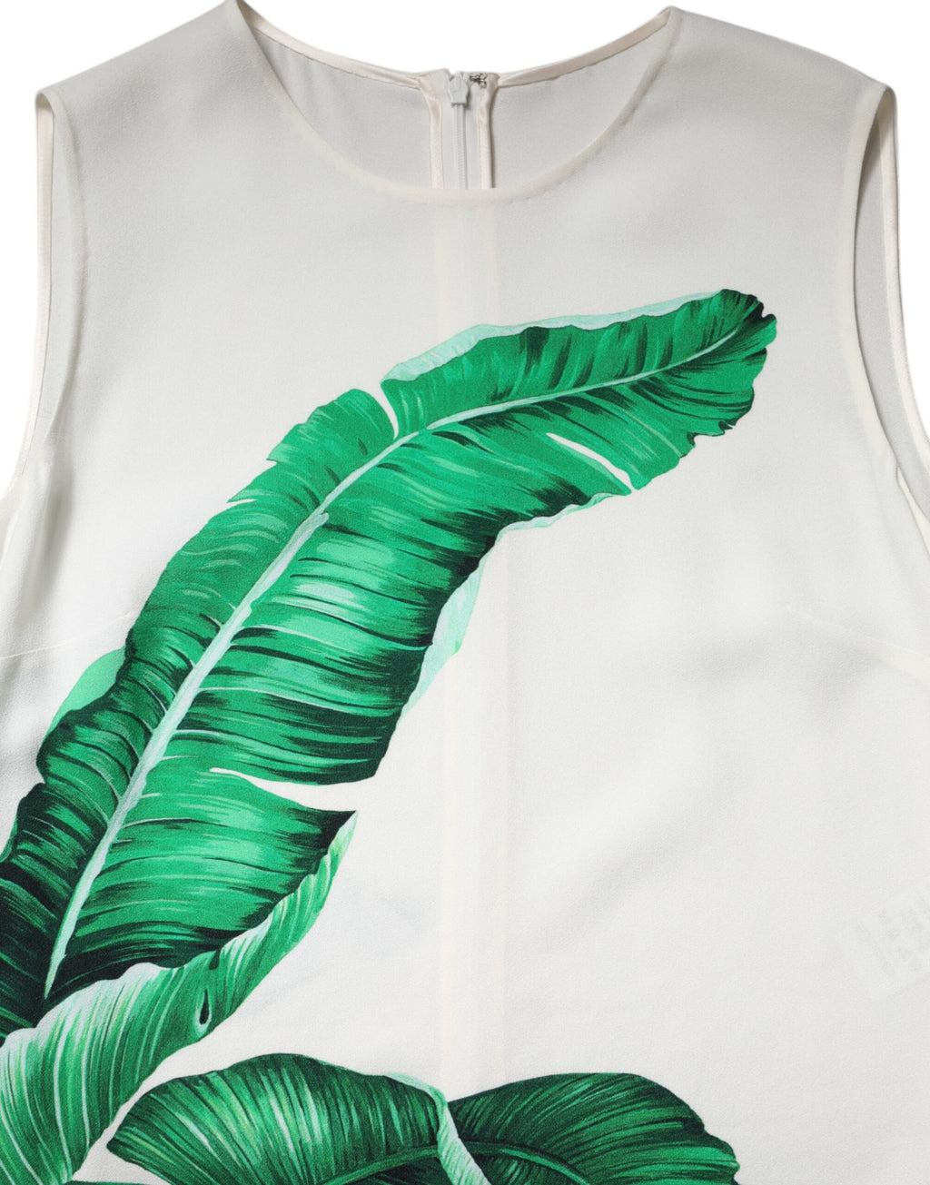 Débardeur blanc Dolce & Gabbana avec motif feuilles de bananier, col rond, tissu léger et design élégant.