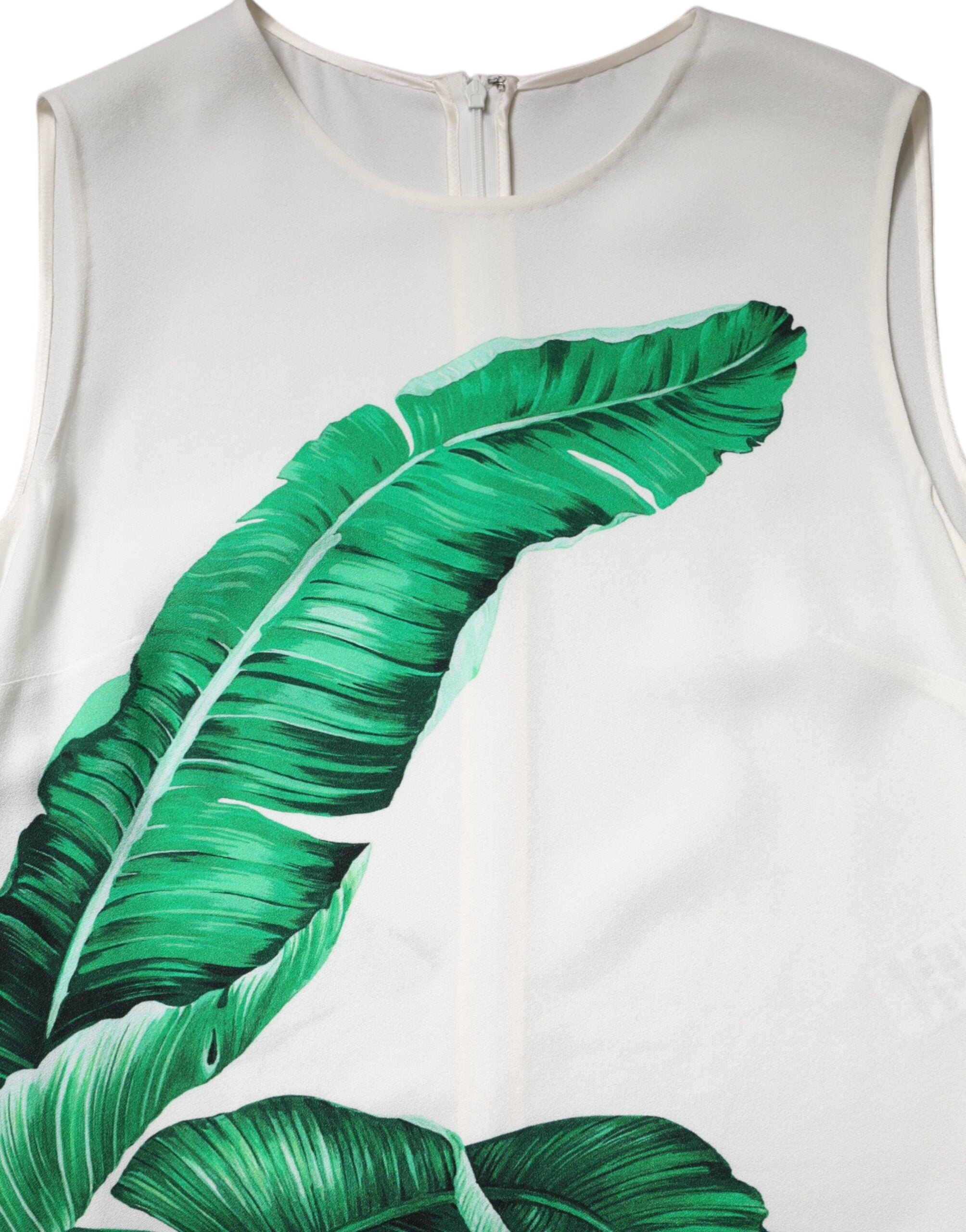 Débardeur blanc Dolce & Gabbana avec motif feuilles de bananier, col rond, tissu léger et design élégant.