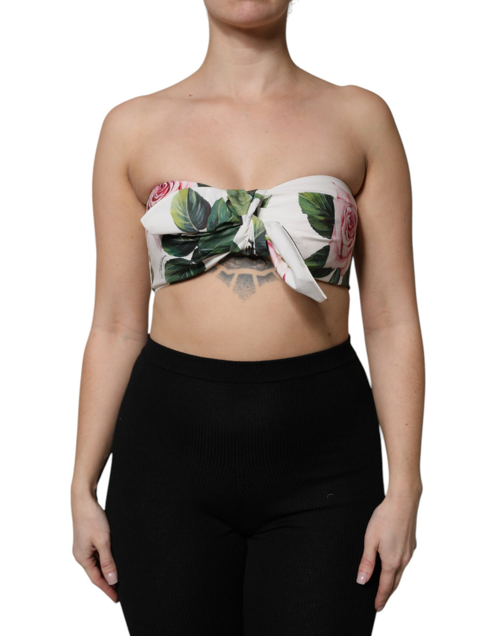 Top corset crop blanc à imprimé floral Dolce & Gabbana, bustier élégant et féminin, détails délicats et finition soignée.