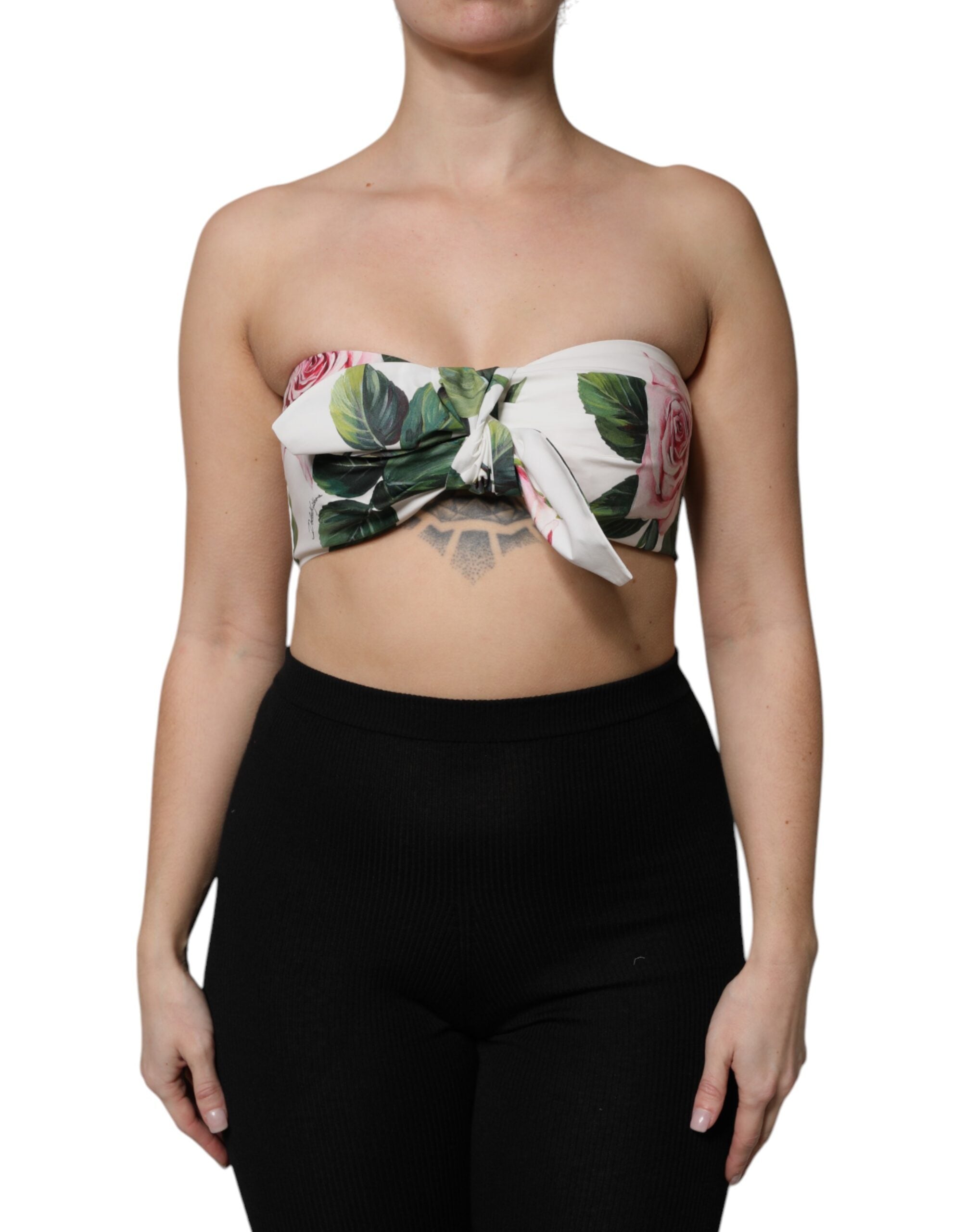 Top corset crop blanc à imprimé floral Dolce & Gabbana, bustier élégant et féminin, détails délicats et finition soignée.
