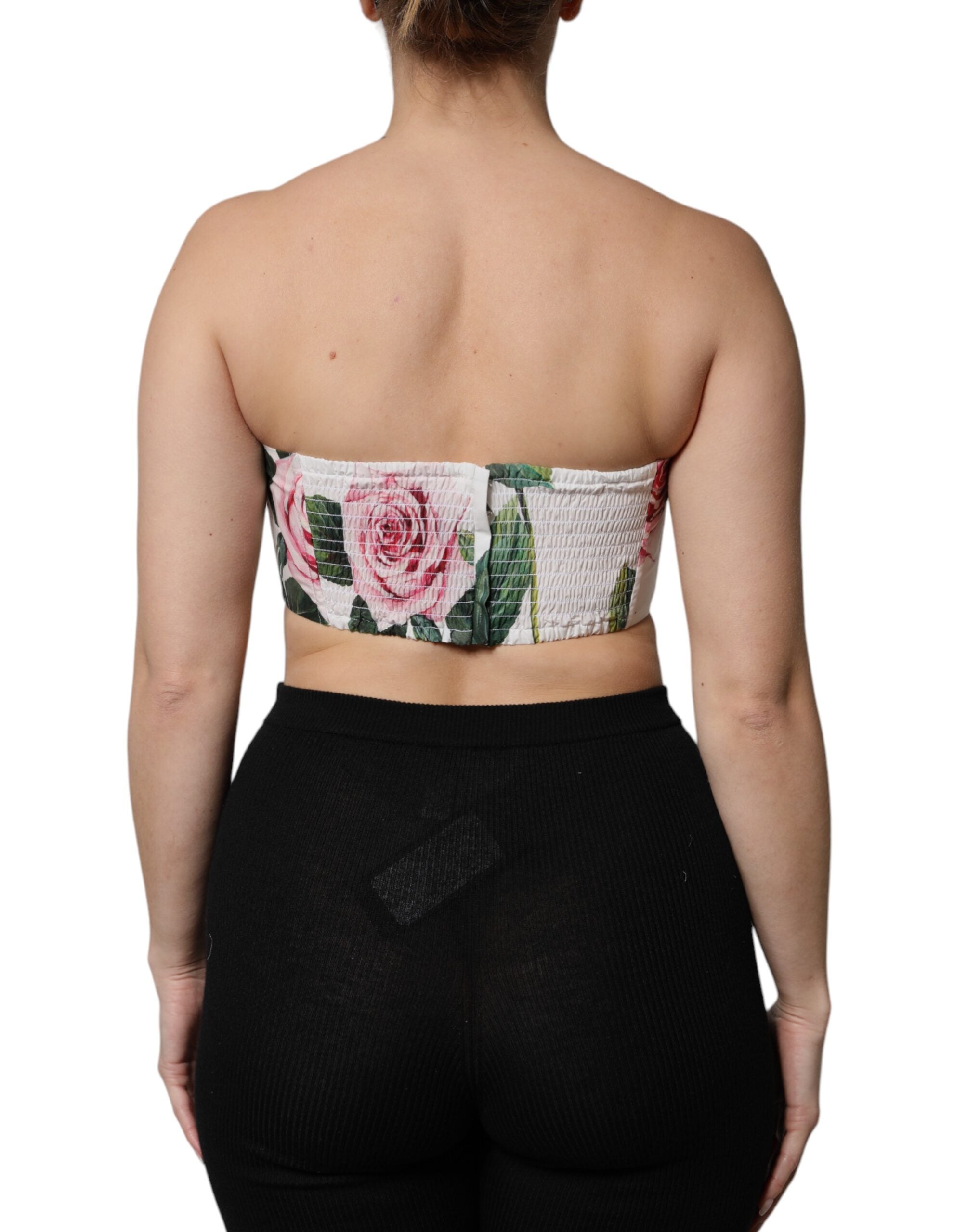 Top corset court Dolce & Gabbana blanc à imprimé floral, bustier cropée élégant et féminin.