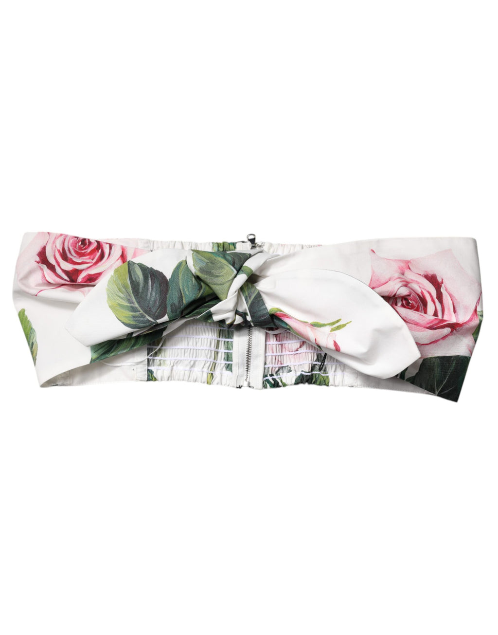 Corset crop top blanc à fleurs Dolce & Gabbana, en dentelle, avec détails floraux et style élégant.