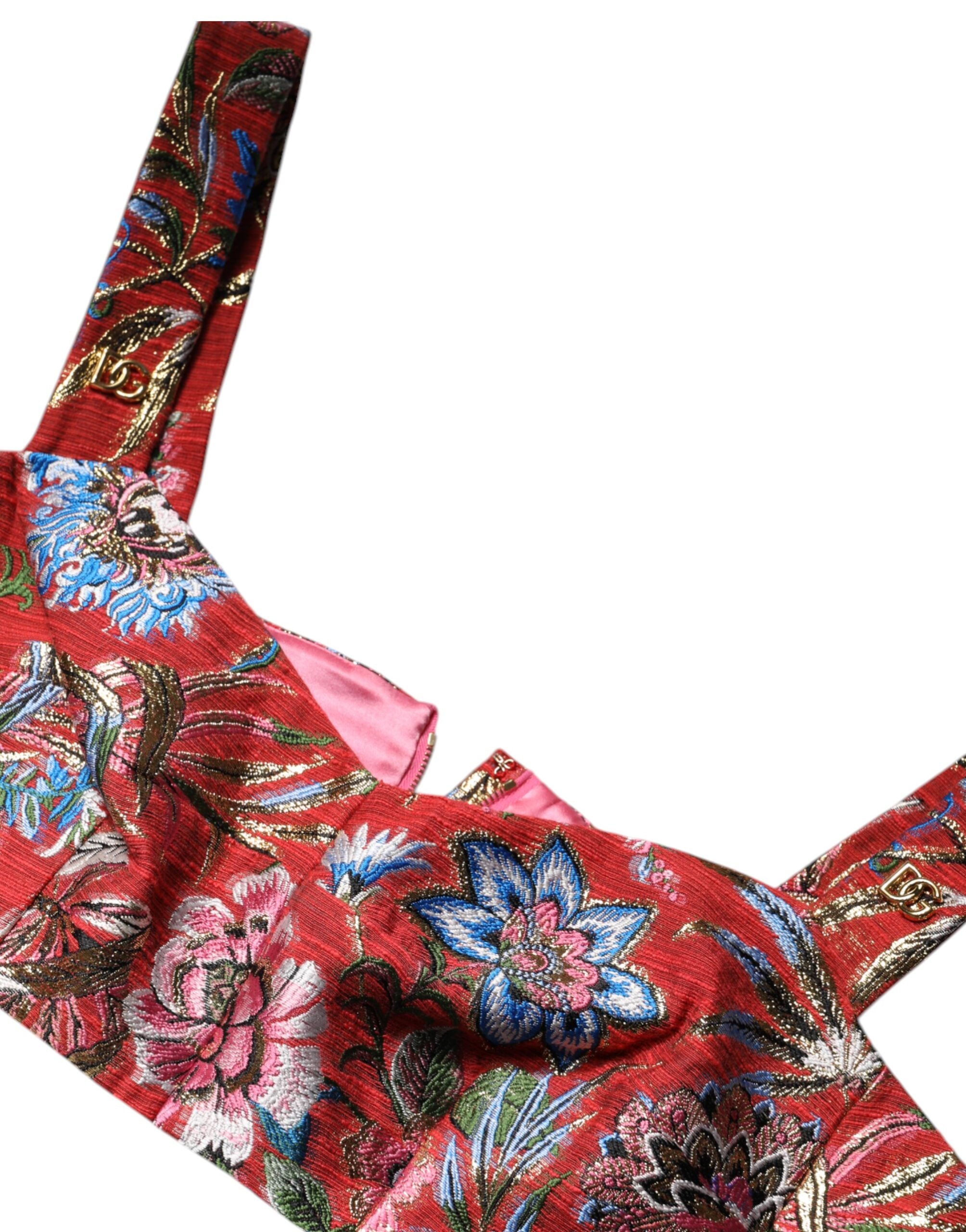 Corset court Dolce & Gabbana en brocart rouge à fleurs, bustier crop top élégant et détaillé.