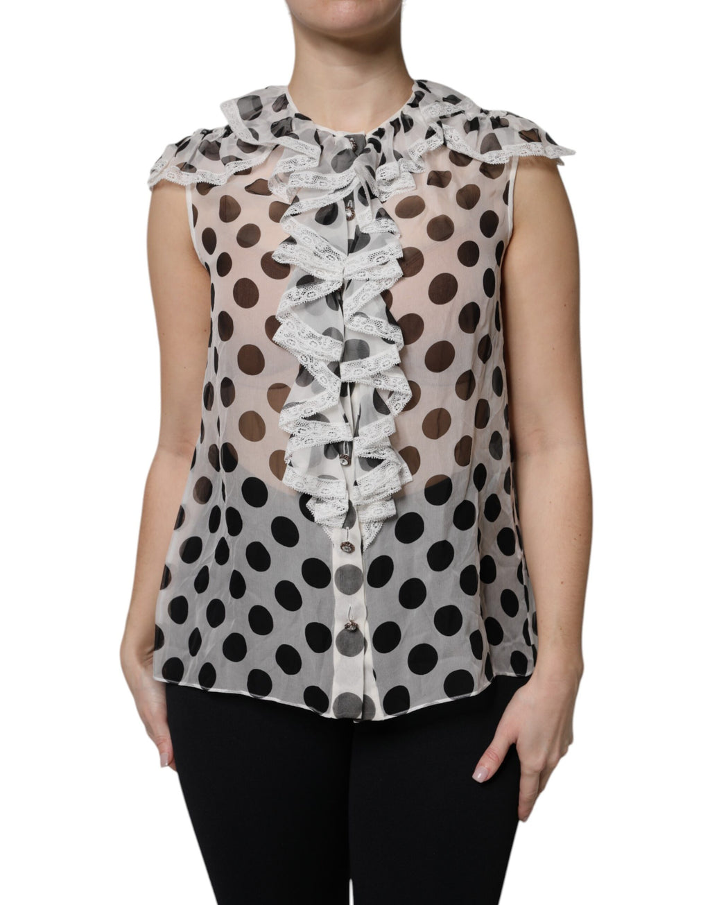 Haut sans manches en coton blanc à pois noirs de Dolce & Gabbana, style élégant et tendance.