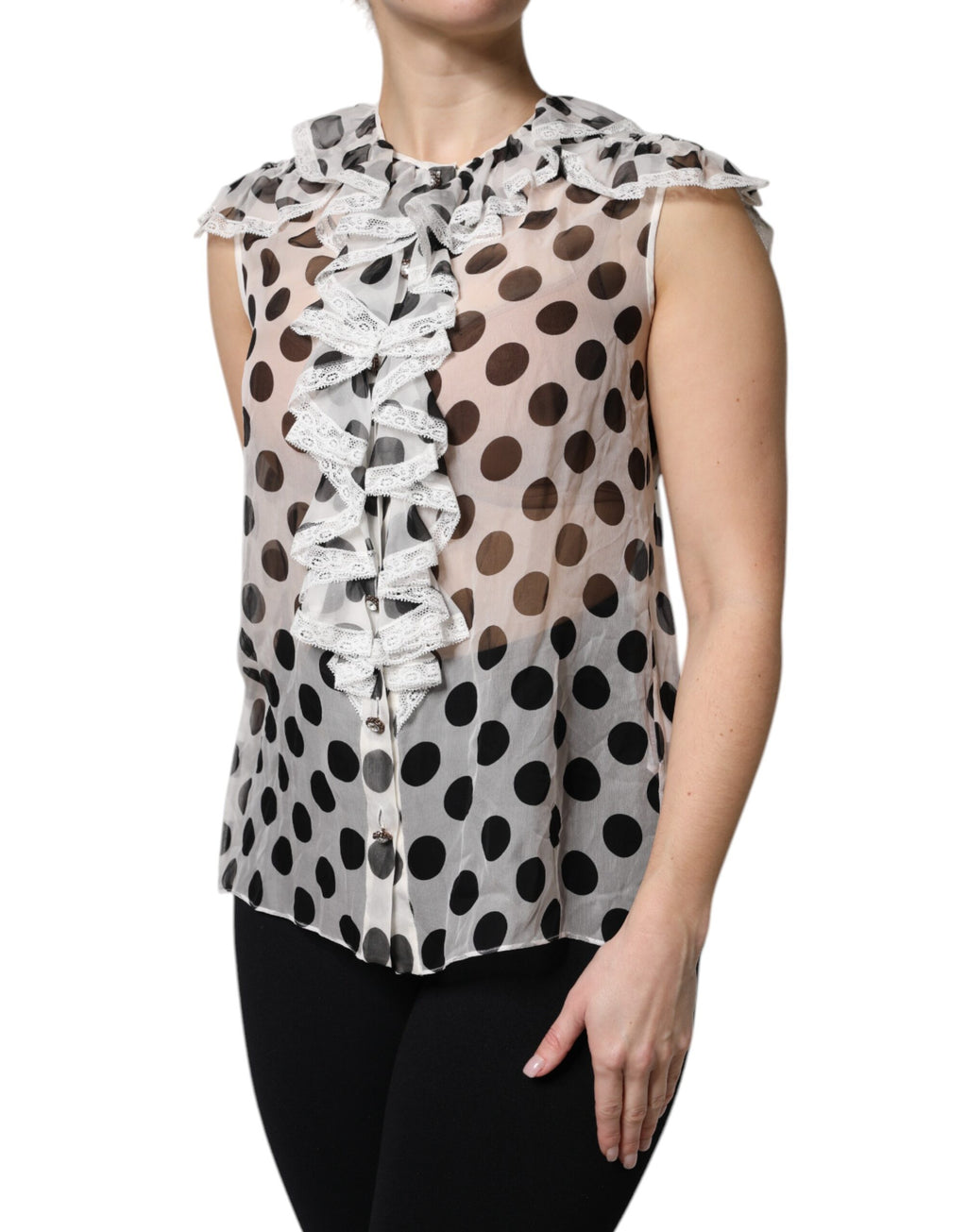 Haut sans manches en coton blanc et noir à pois de Dolce & Gabbana, style élégant et décontracté.