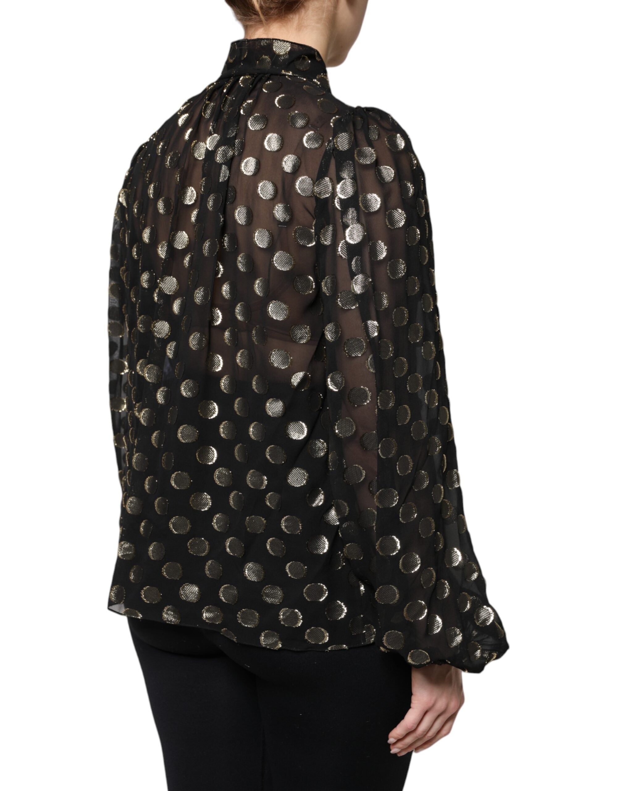 Chemisier noir en tulle à pois avec collier noué, Dolce & Gabbana, élégant haut en soie pour femme.