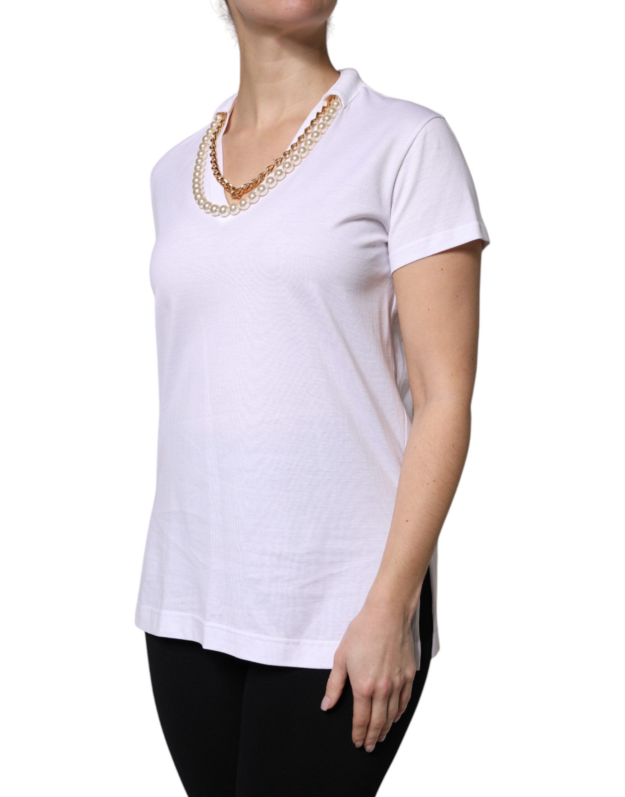 T-shirt à manches courtes blanche Dolce & Gabbana avec collier en coton, vue de face, mode élégante et décontractée.