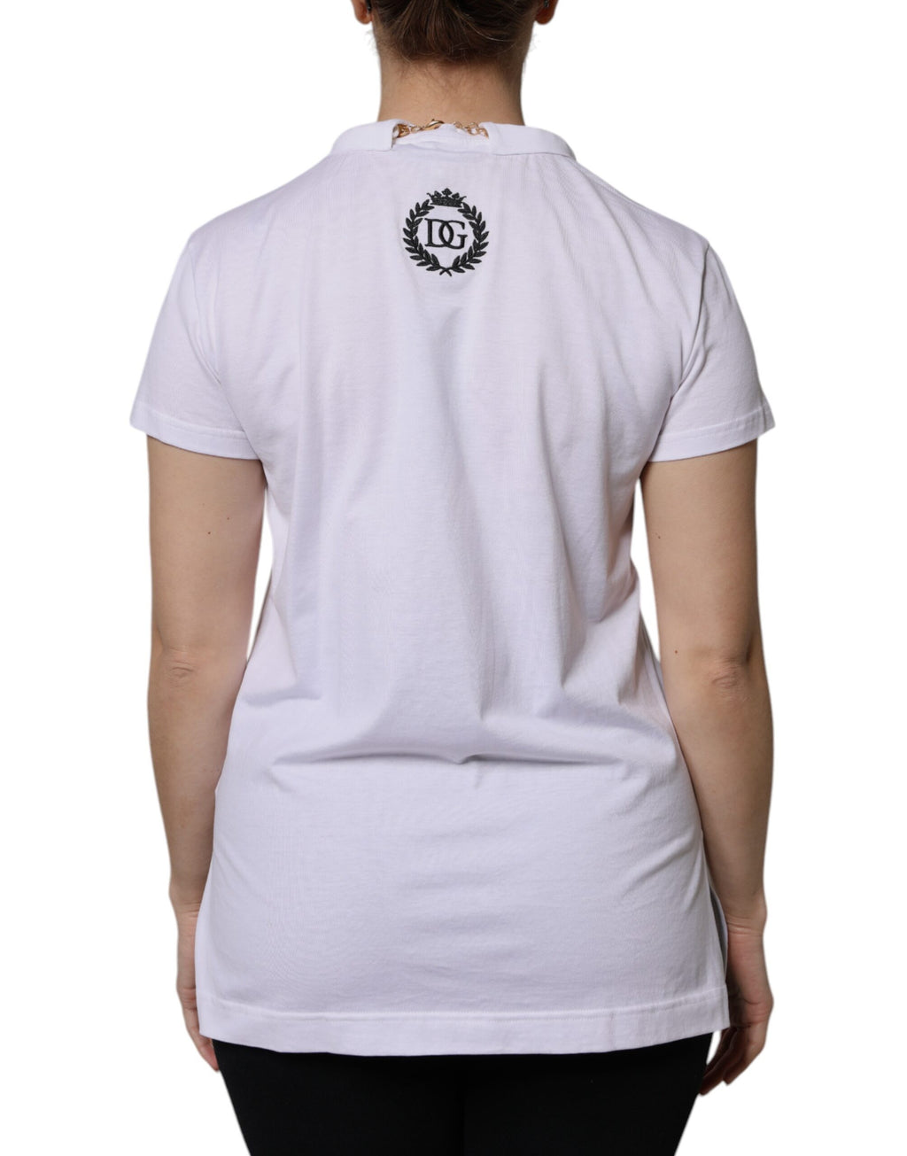 T-shirt blanc Dolce & Gabbana en coton à manches courtes avec collier intégré, vue de face, détails visibles.