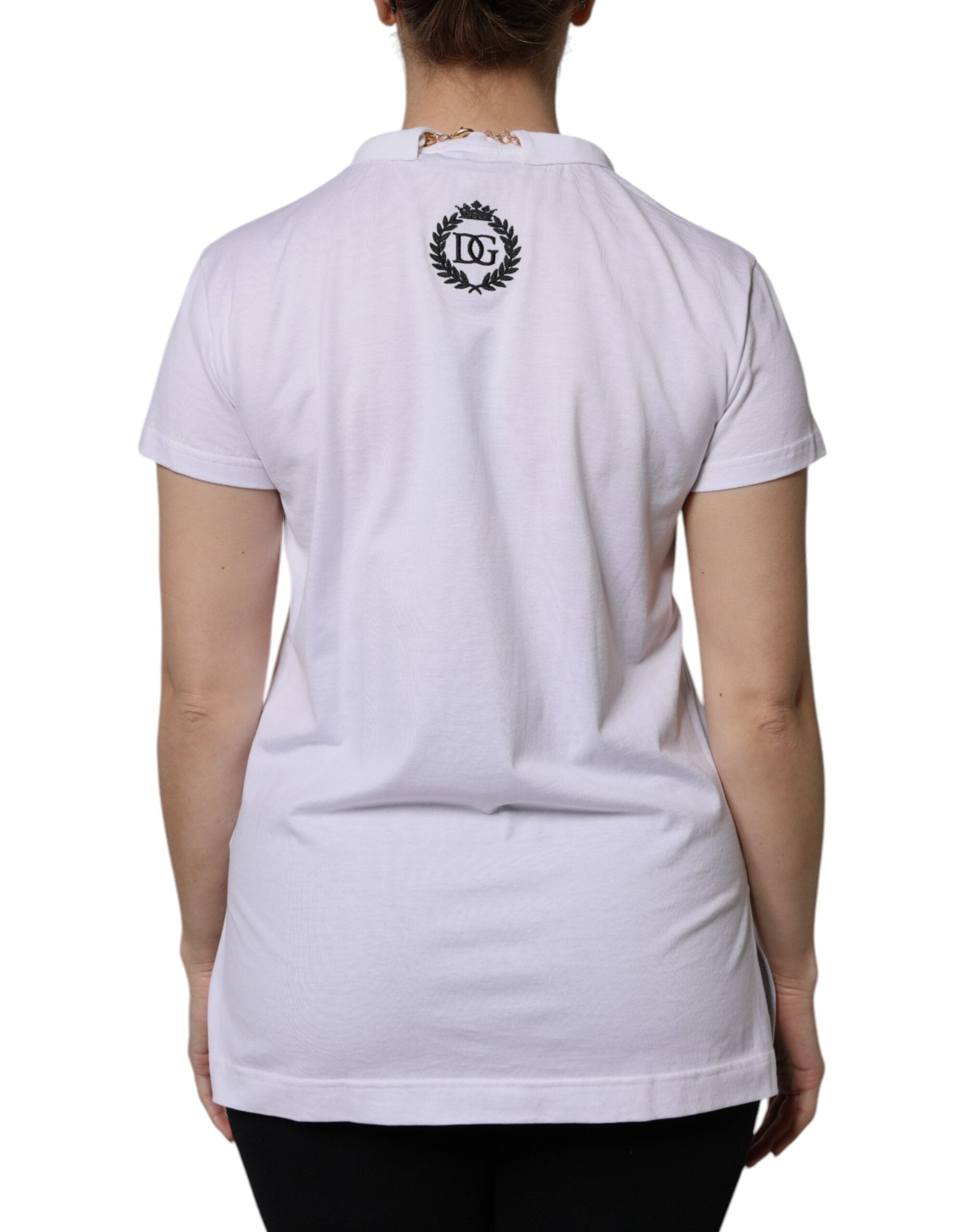 T-shirt blanc Dolce & Gabbana en coton à manches courtes avec collier intégré, vue de face, détails visibles.