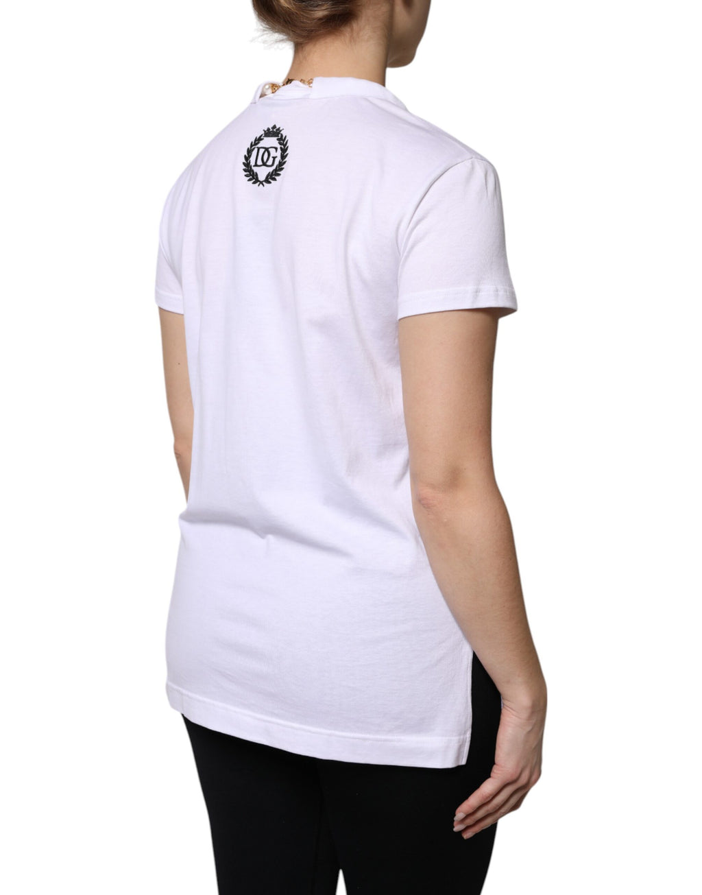 T-shirt Dolce & Gabbana blanc en coton à manches courtes avec collier intégré, vue de face.