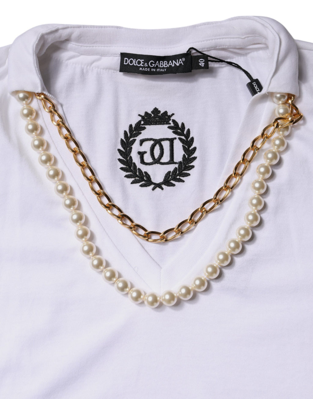 T-shirt blanc Dolce & Gabbana avec col en coton à manches courtes, vue de face.