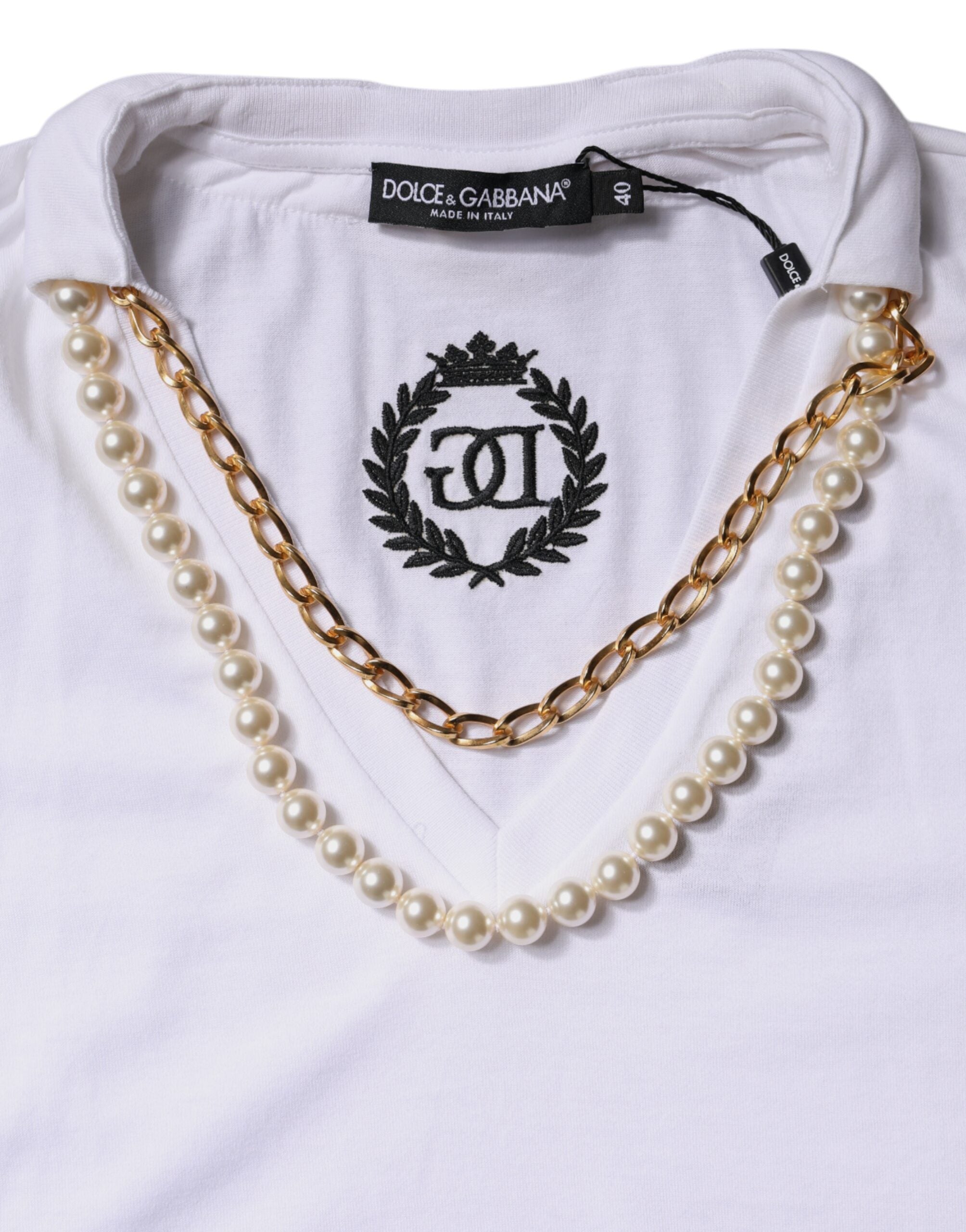 T-shirt blanc Dolce & Gabbana avec col en coton à manches courtes, vue de face.