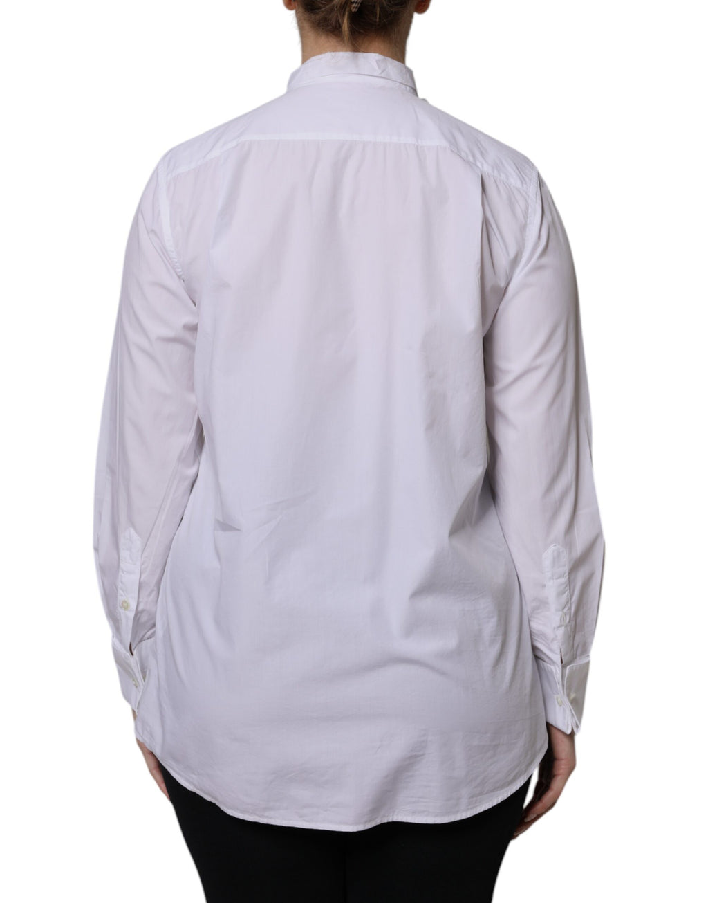 Chemise blanche Dolce & Gabbana à col ascot, manches longues et style élégant, vue de l'avant.