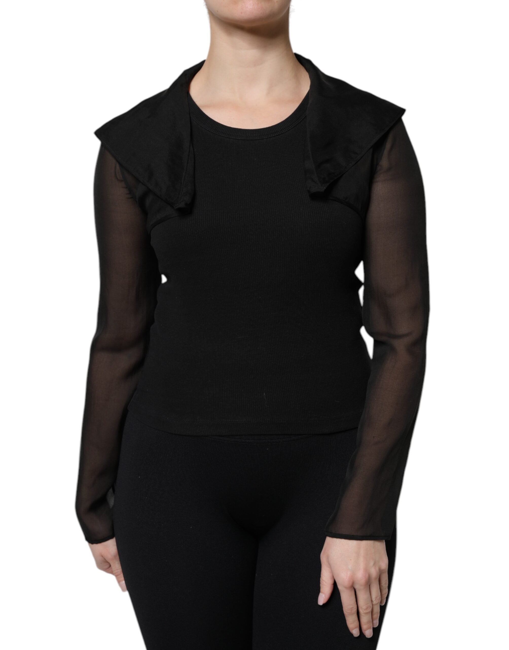 Blouse en soie noire Dolce & Gabbana à manches longues transparentes, élégante et légère, vue de face.
