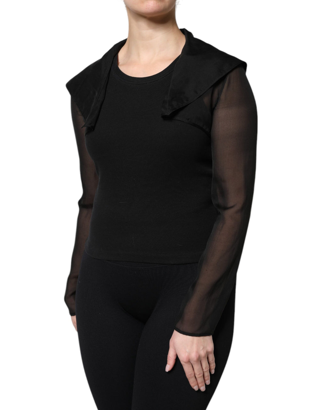 Blouse en soie noire Dolce & Gabbana à manches longues transparentes, élégante et sophistiquée, vue de face.