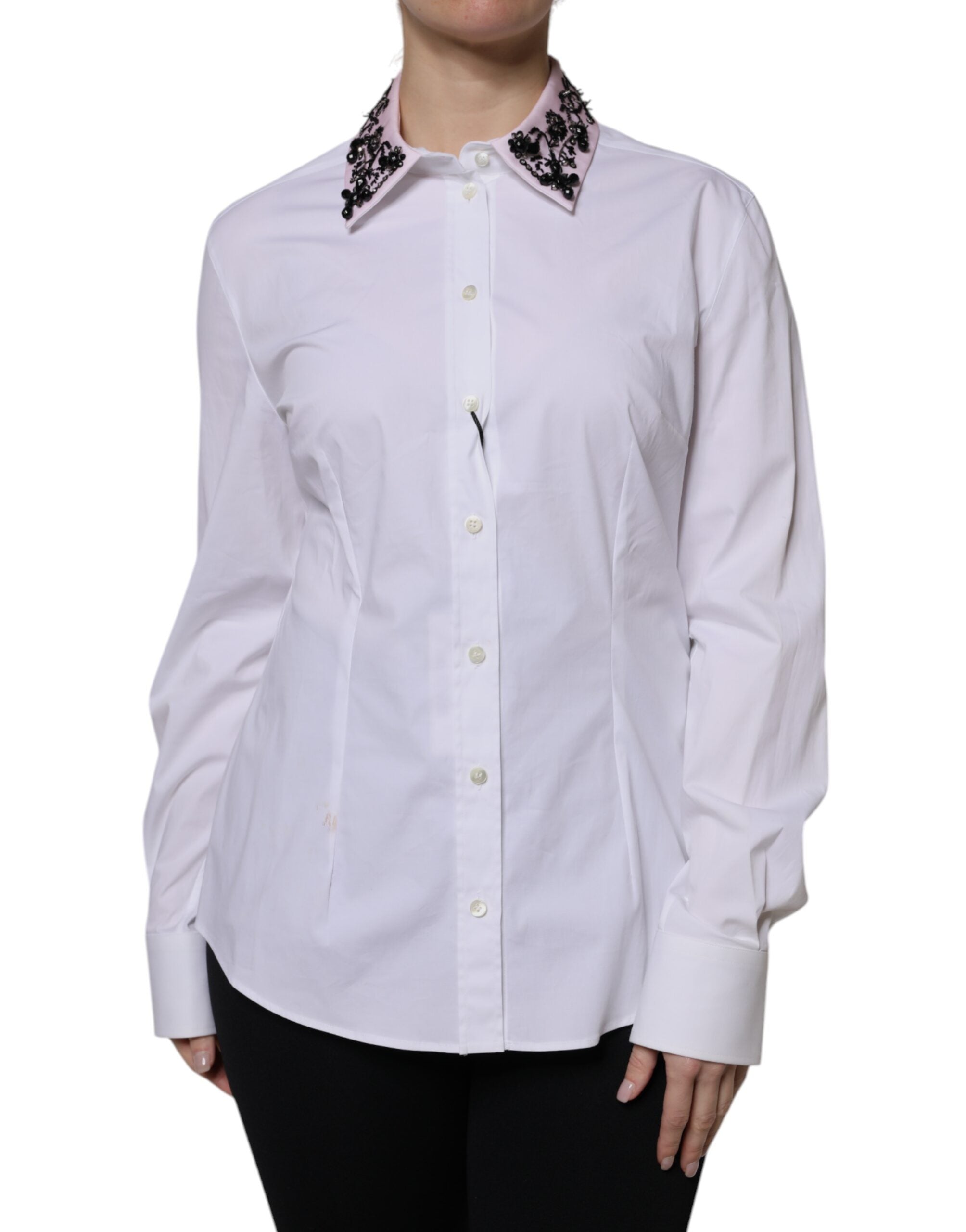 Chemise blanche Dolce & Gabbana avec col et embellissements, vue de face, détails élégants visibles.