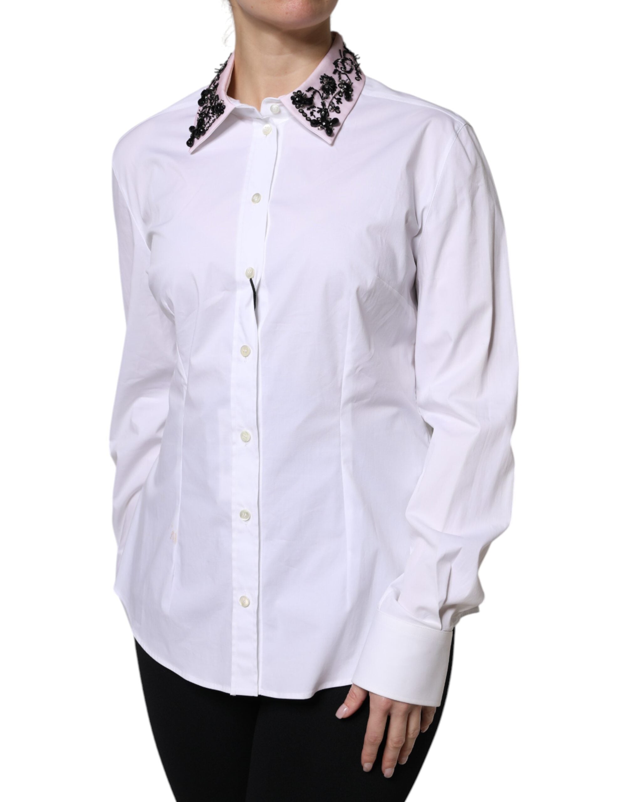 Chemise blanche Dolce & Gabbana à col brodé et embellissements, vue de face sur fond neutre.