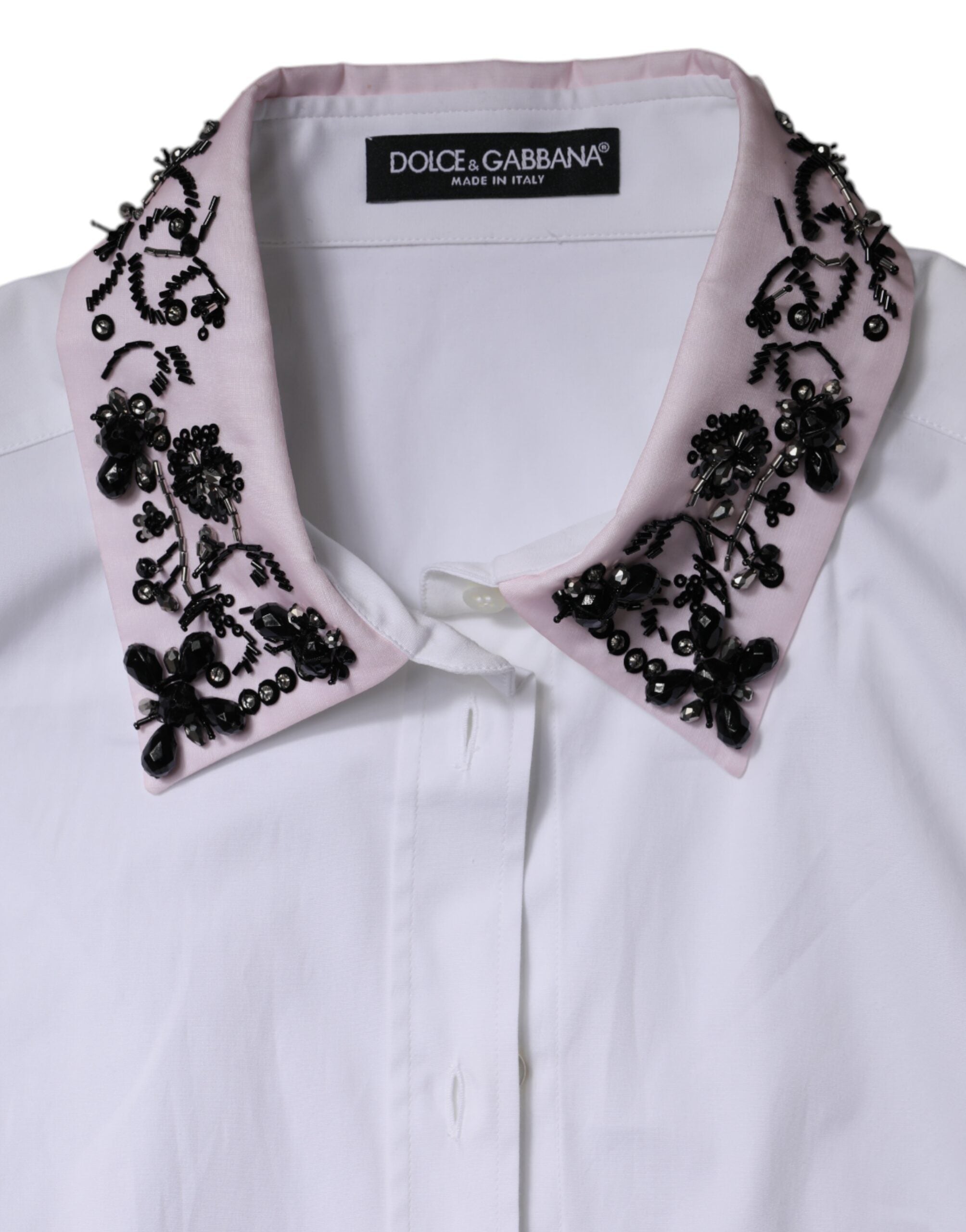 Chemise blanche Dolce & Gabbana à col orné de détails embellis, élégante chemise de style habillé pour femme